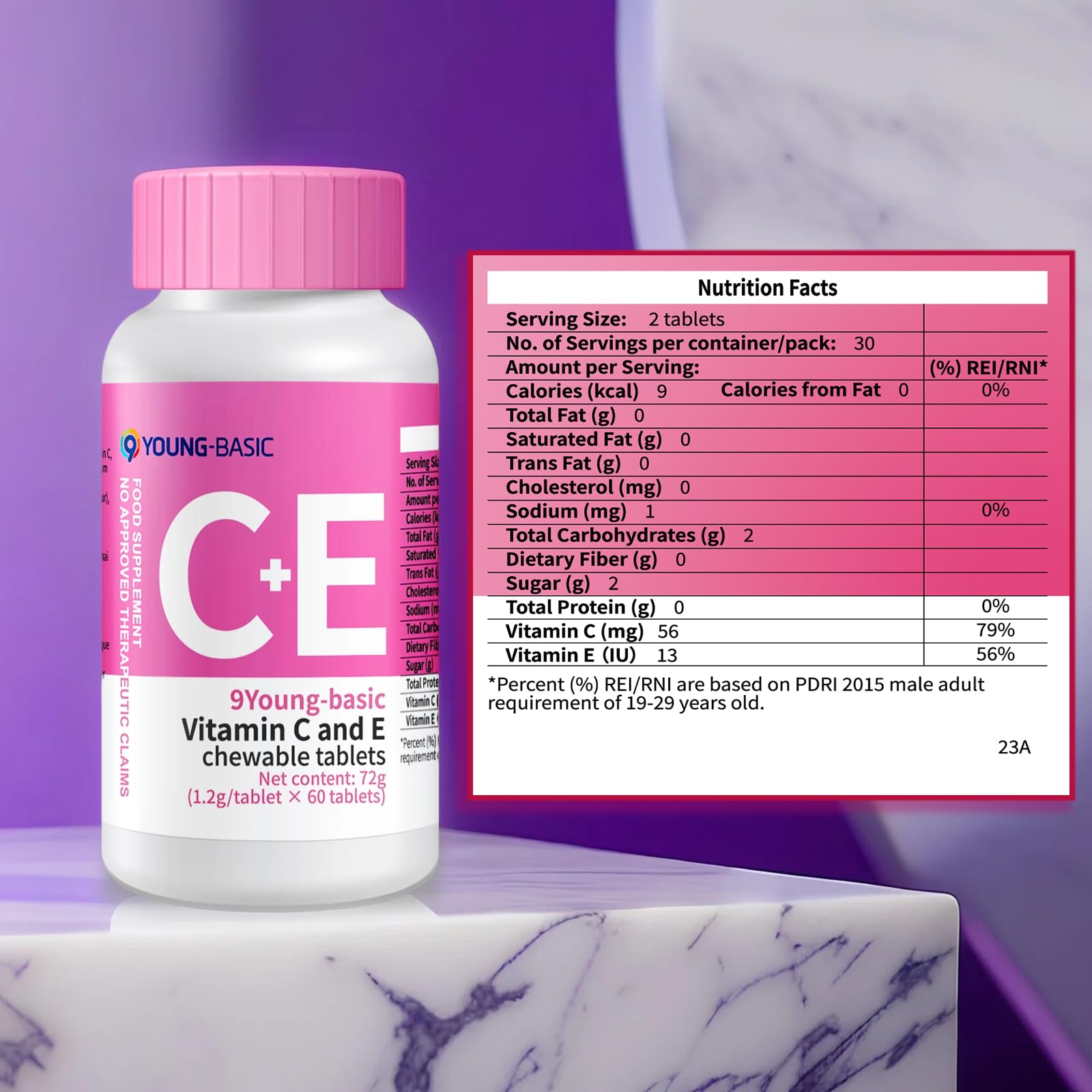 9 YOUNG-BASIC Chewable Vitamin C + E Tablets in a hand