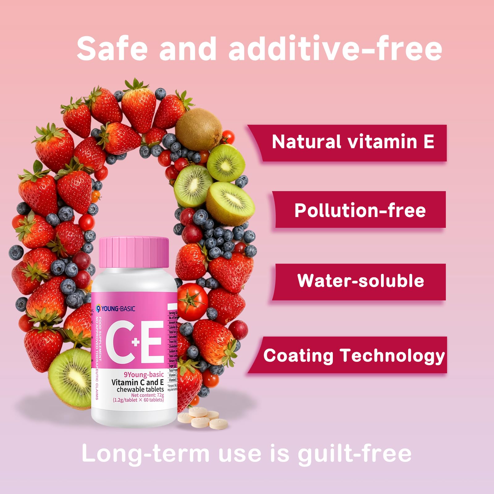 9 YOUNG-BASIC Chewable Vitamin C + E Tablets side view