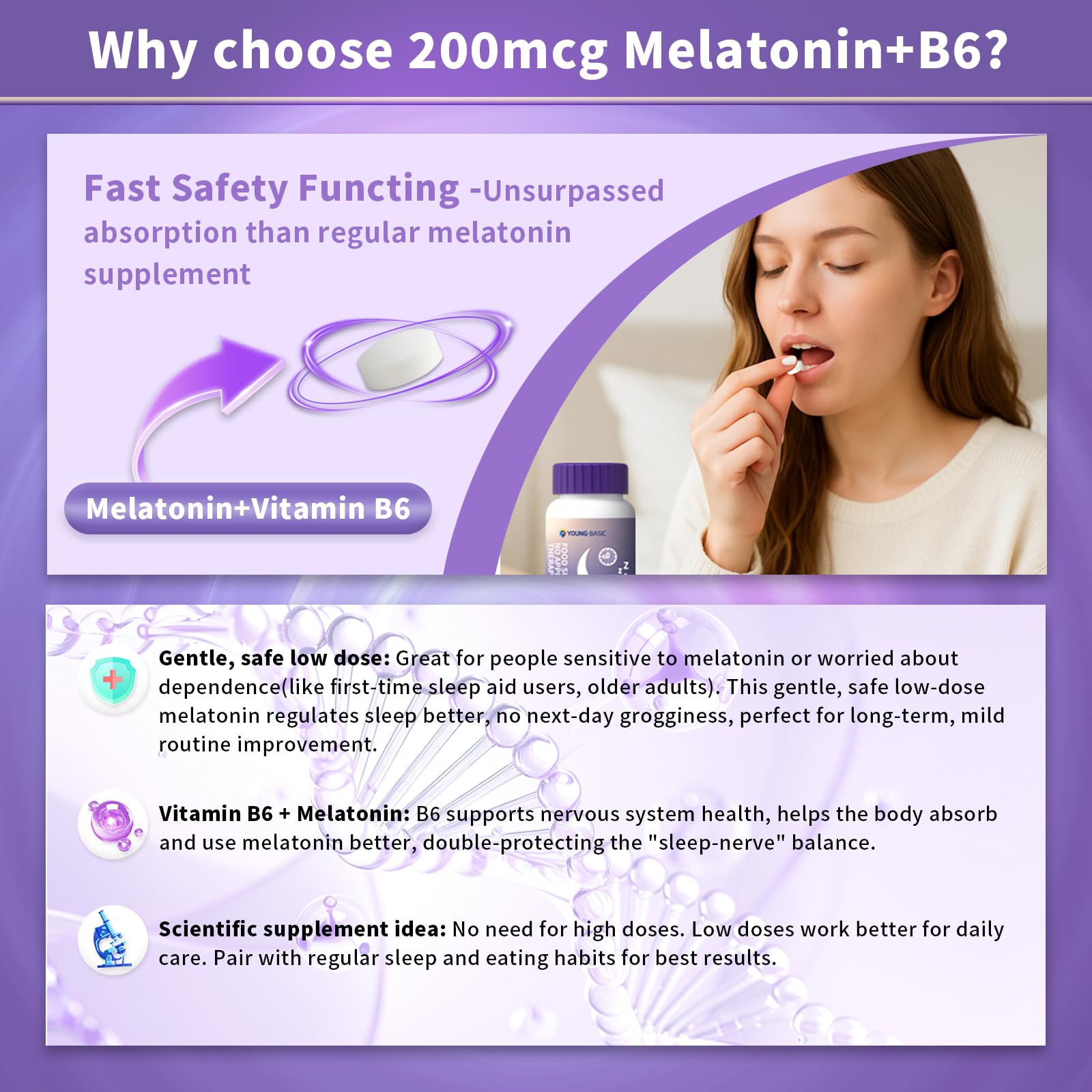 9 YOUNG-BASIC Melatonin 200mcg Sleep Supplement dosage instructions