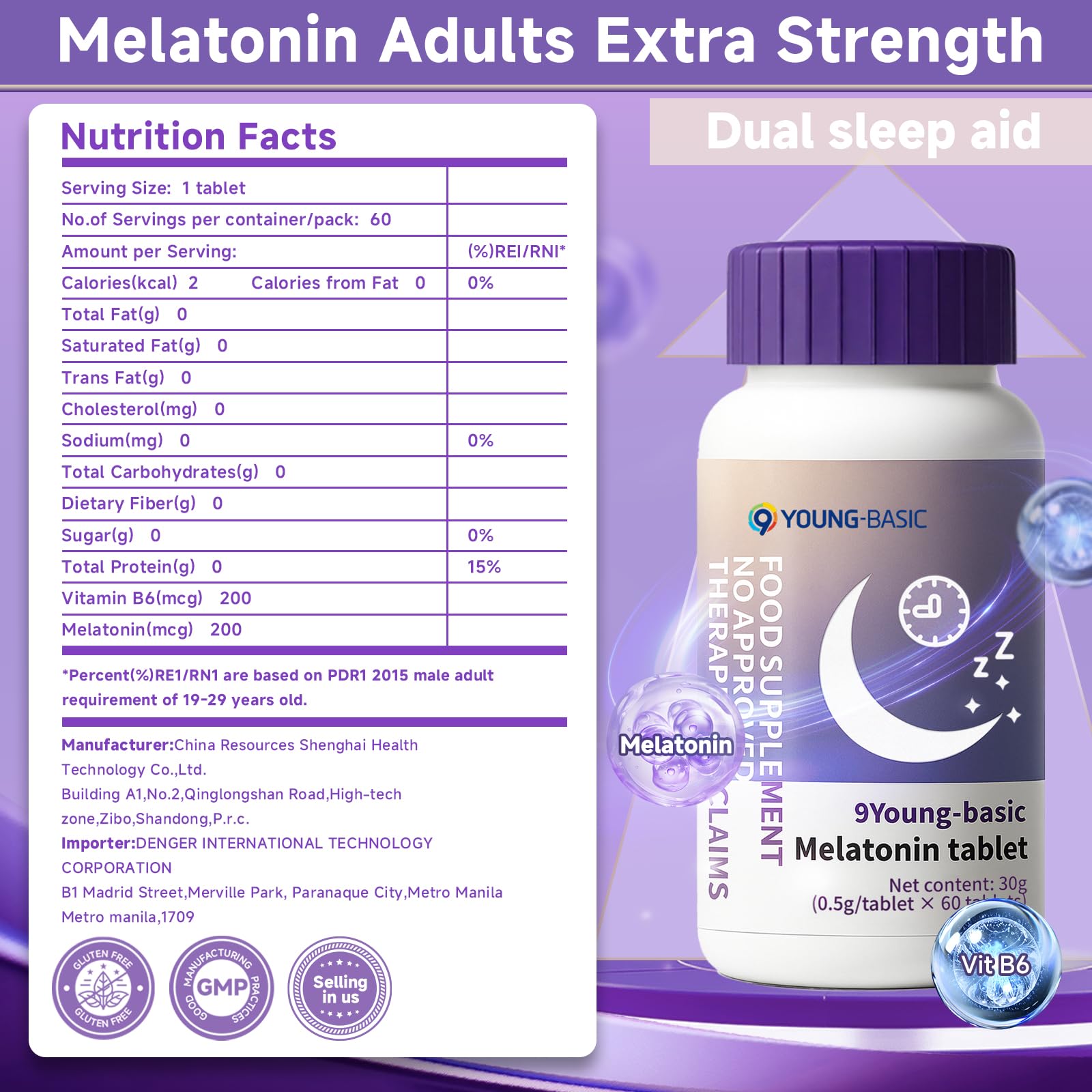 9 YOUNG-BASIC Melatonin 200mcg Sleep Supplement tablets close-up