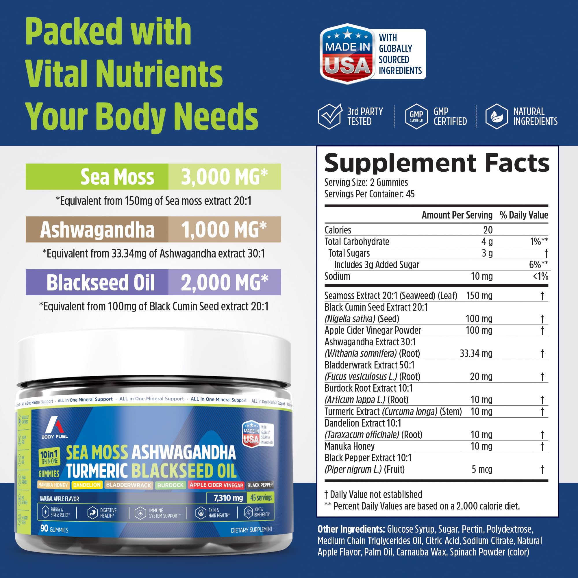 A1 Body Fuel Irish Sea Moss Gummies with a measuring spoon