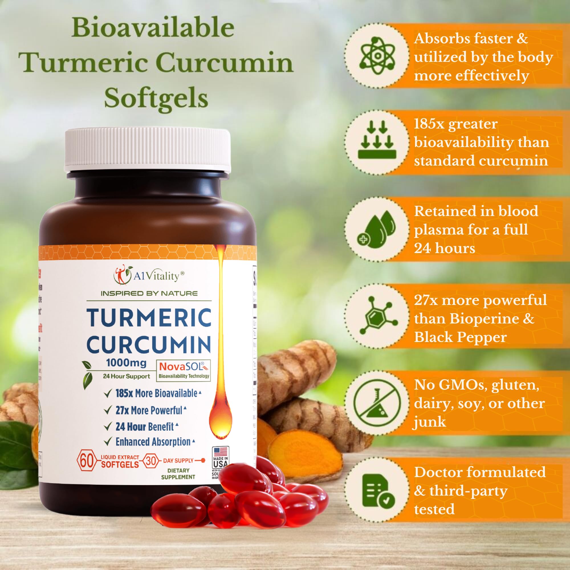 A1Vitality Curcumin 1000mg softgel with dosage information