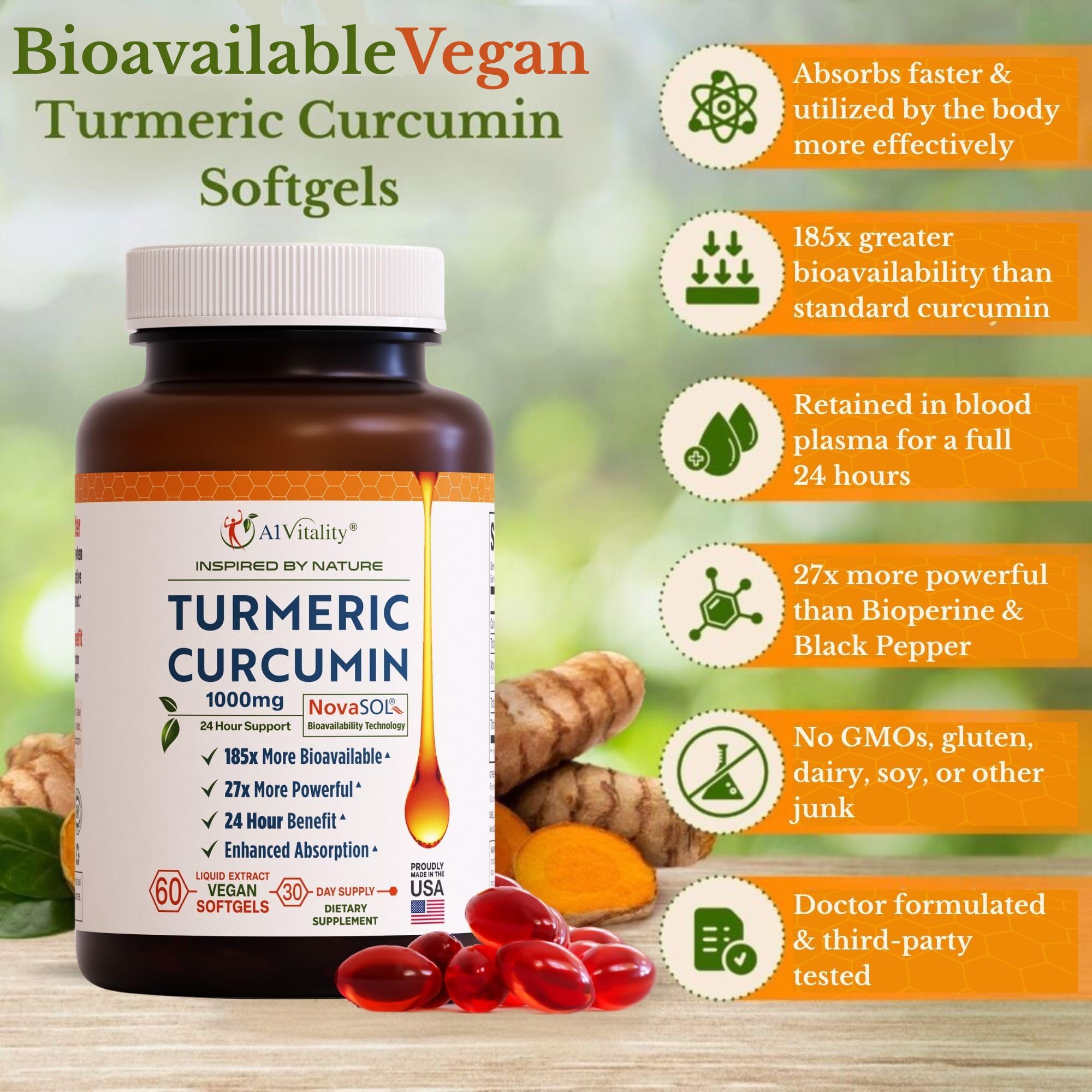 A1Vitality Vegan Turmeric Curcumin NovaSOL softgels in hand