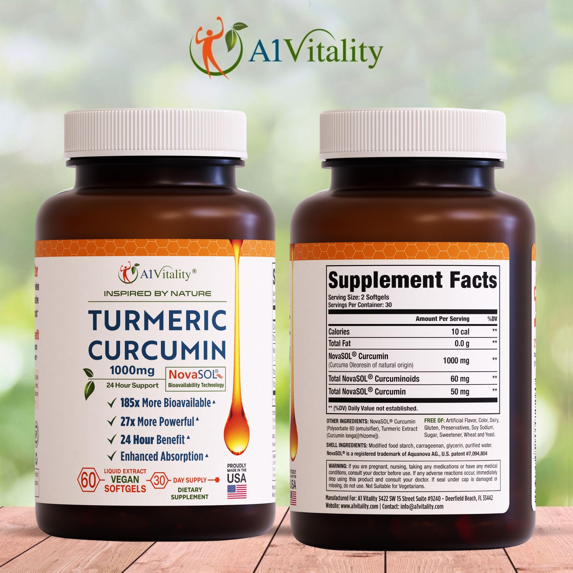 A1Vitality Vegan Turmeric Curcumin NovaSOL softgels side view