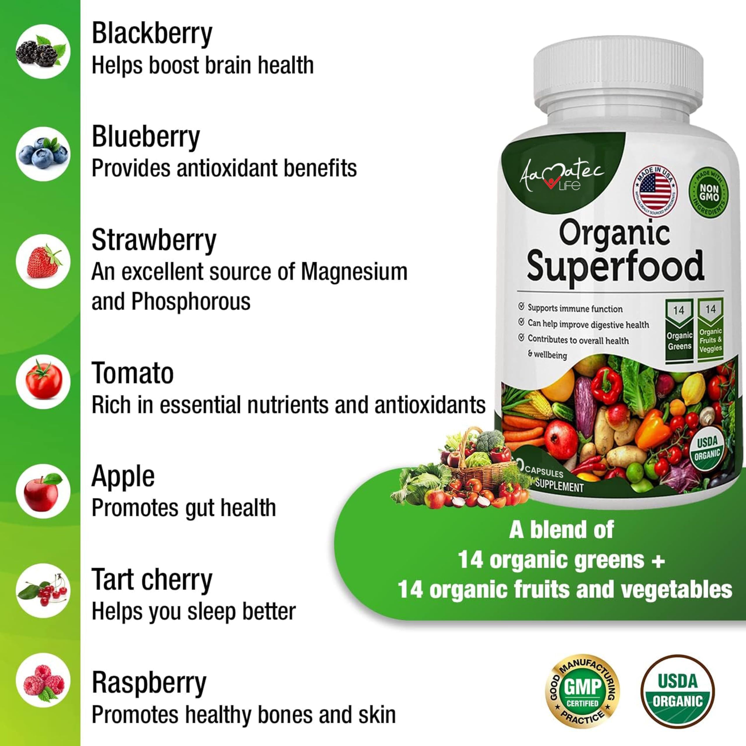 AAMATEC LIFE Alfalfa Herbal Supplement Tablets on a wooden table