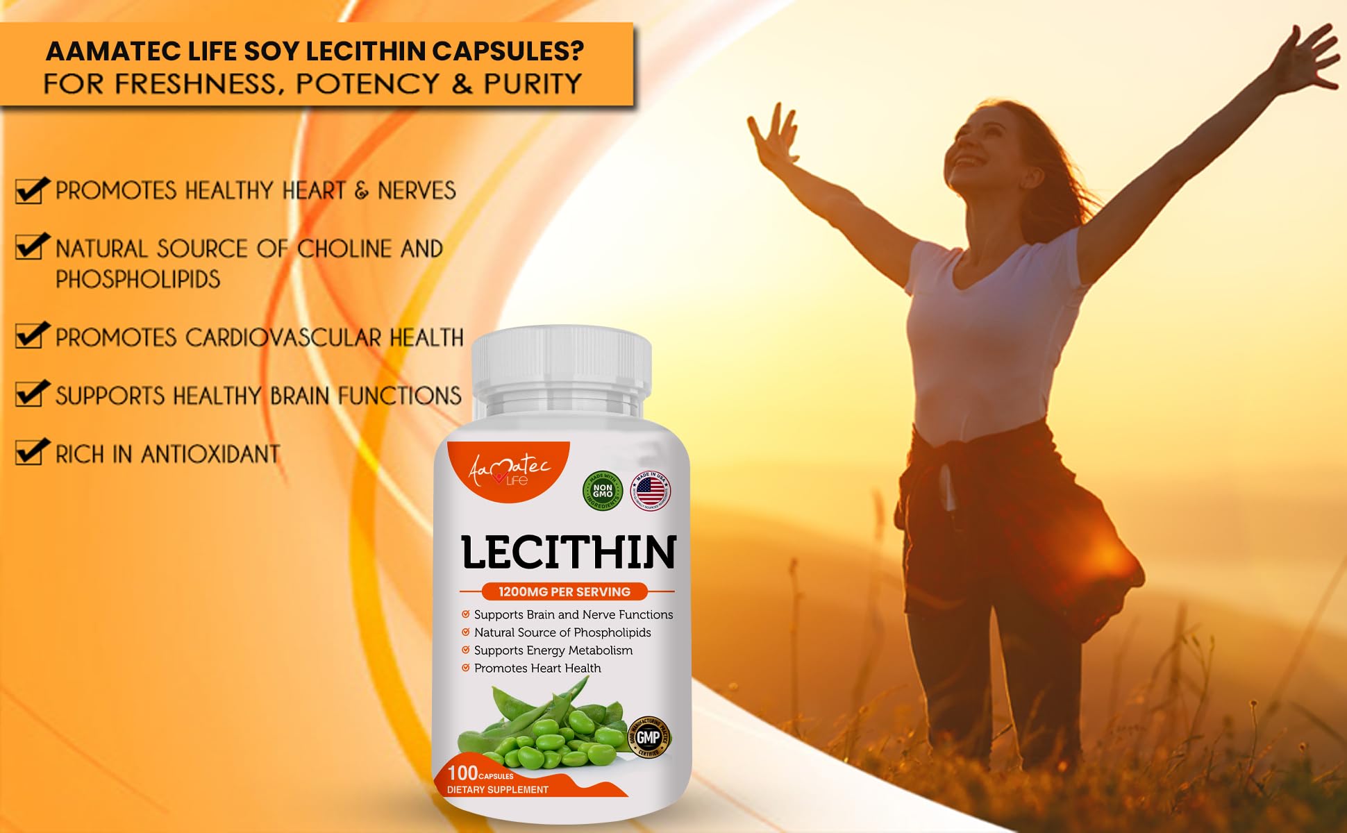 AAMATEC LIFE Lecithin 1200MG supplement bottle side view
