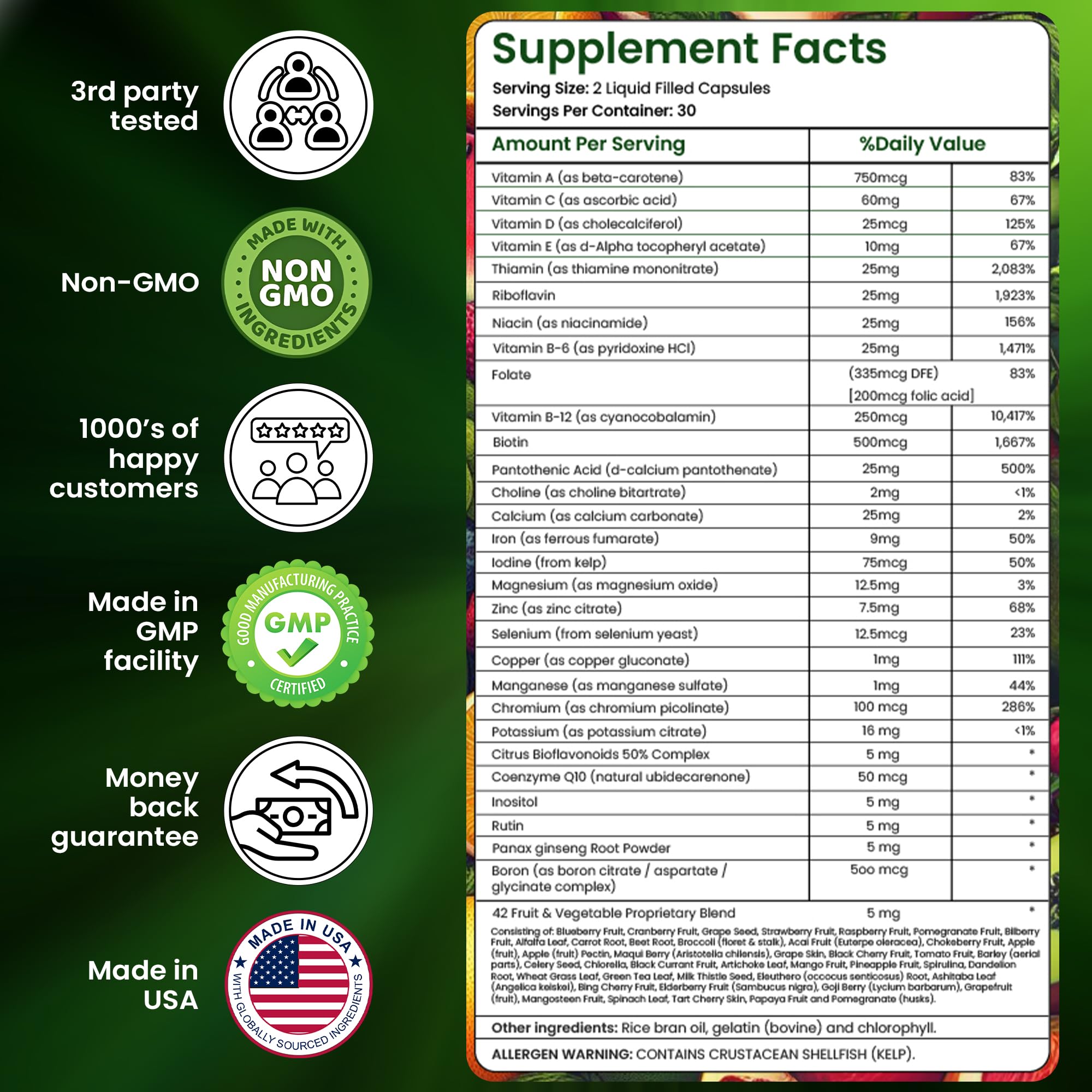 AAMATEC LIFE Multivitamin Capsules with fruits and vegetables background
