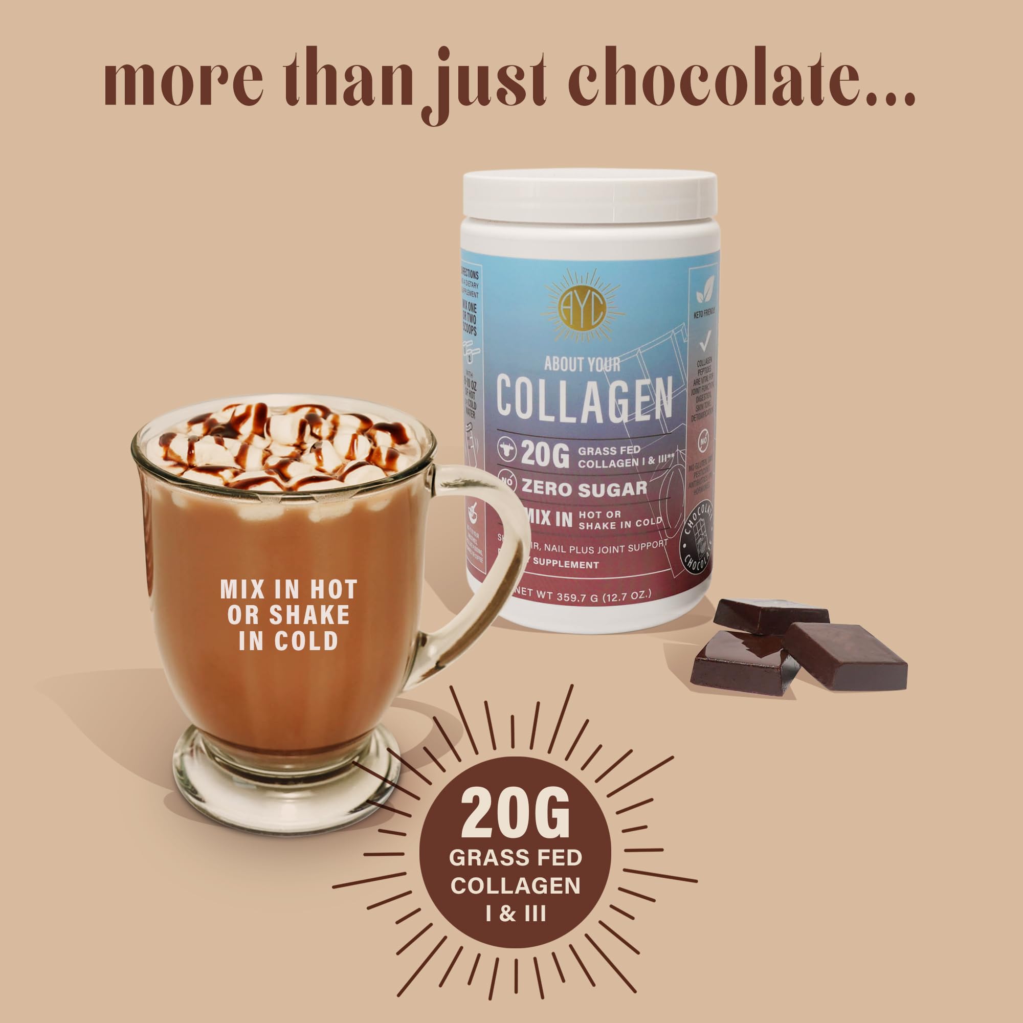 ABOUT YOUR COLLAGEN Cocoa Powder Collagen Supplement in a cup of hot chocolate