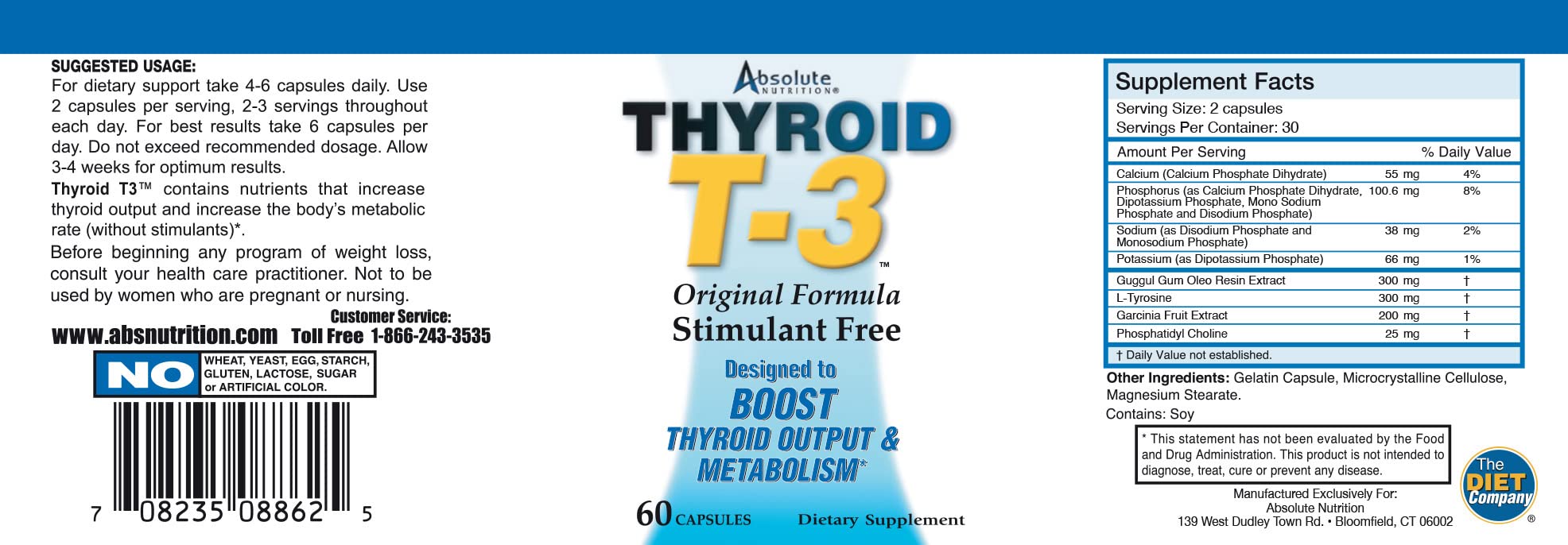 Absolute Nutrition Thyroid T-3 Support Capsules side view