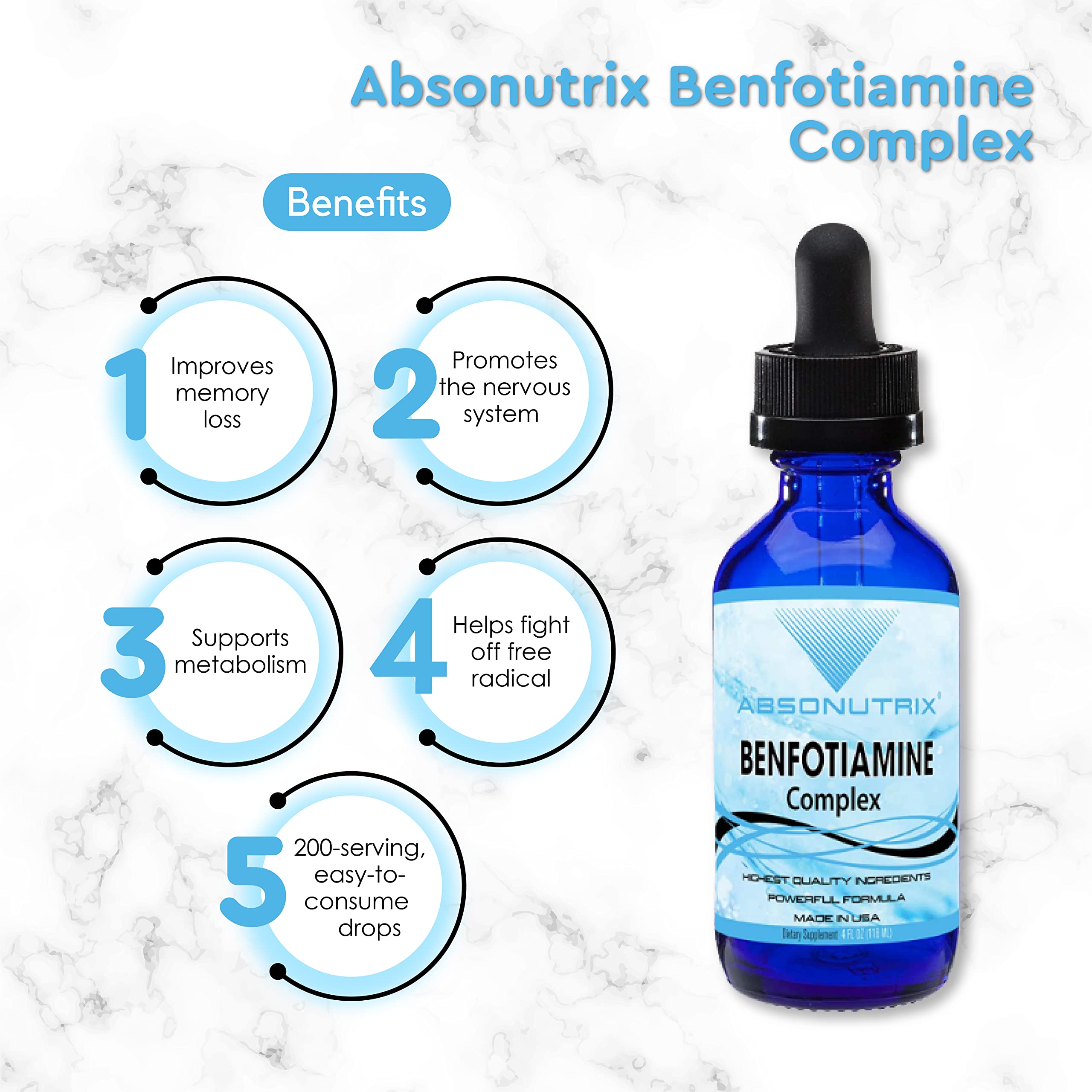 Absonutrix Benfotiamine Complex Liquid Drops 4Fl Oz on a kitchen counter