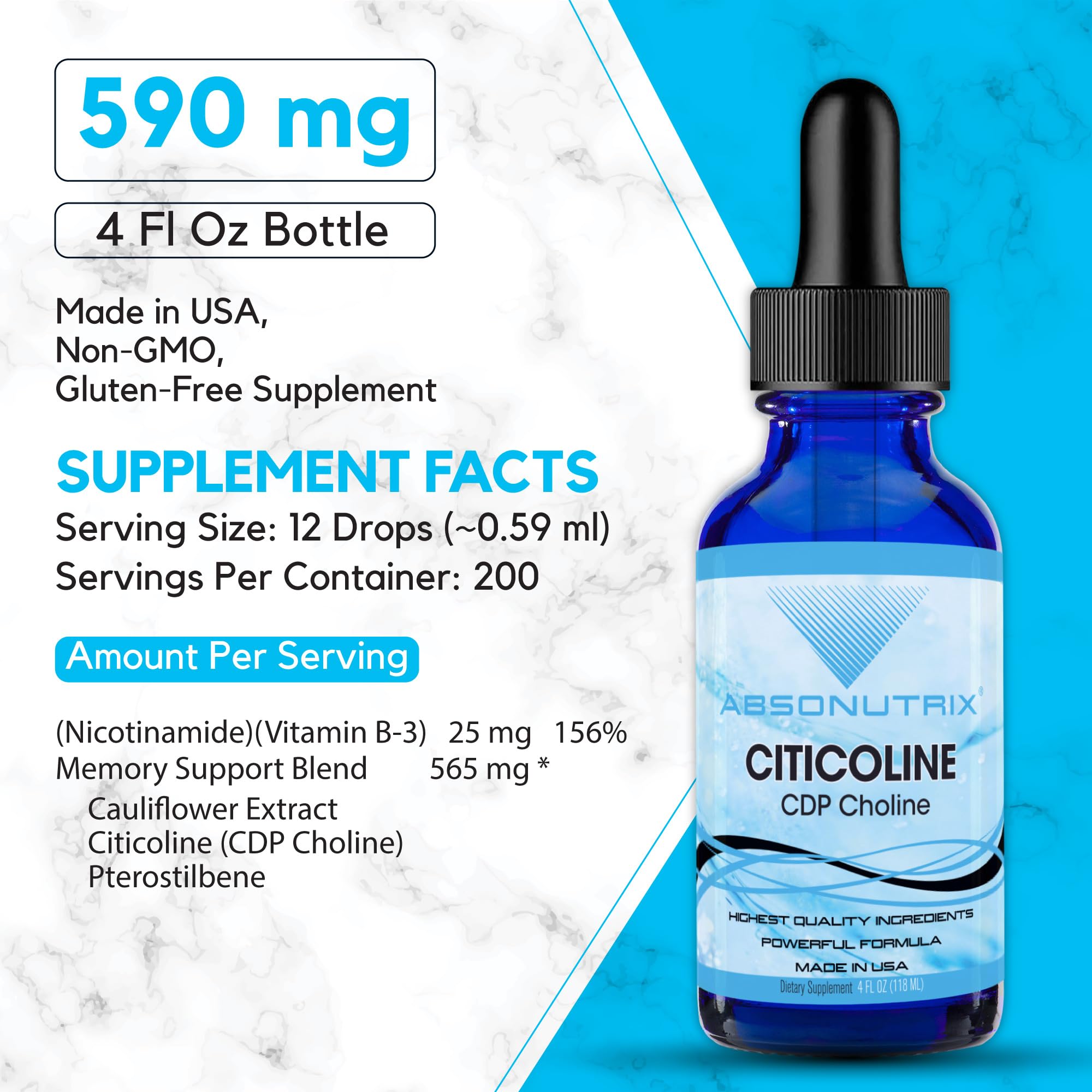 Absonutrix Citicoline Liquid Extract 590mg bottle side view