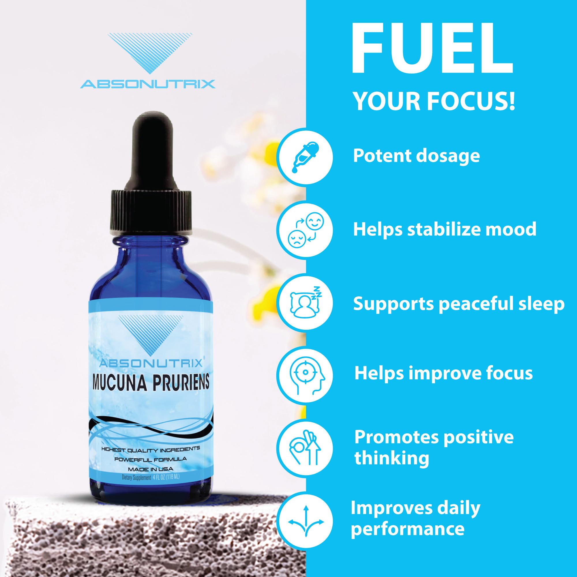 Absonutrix Mucuna Pruriens liquid supplement pouring into a glass