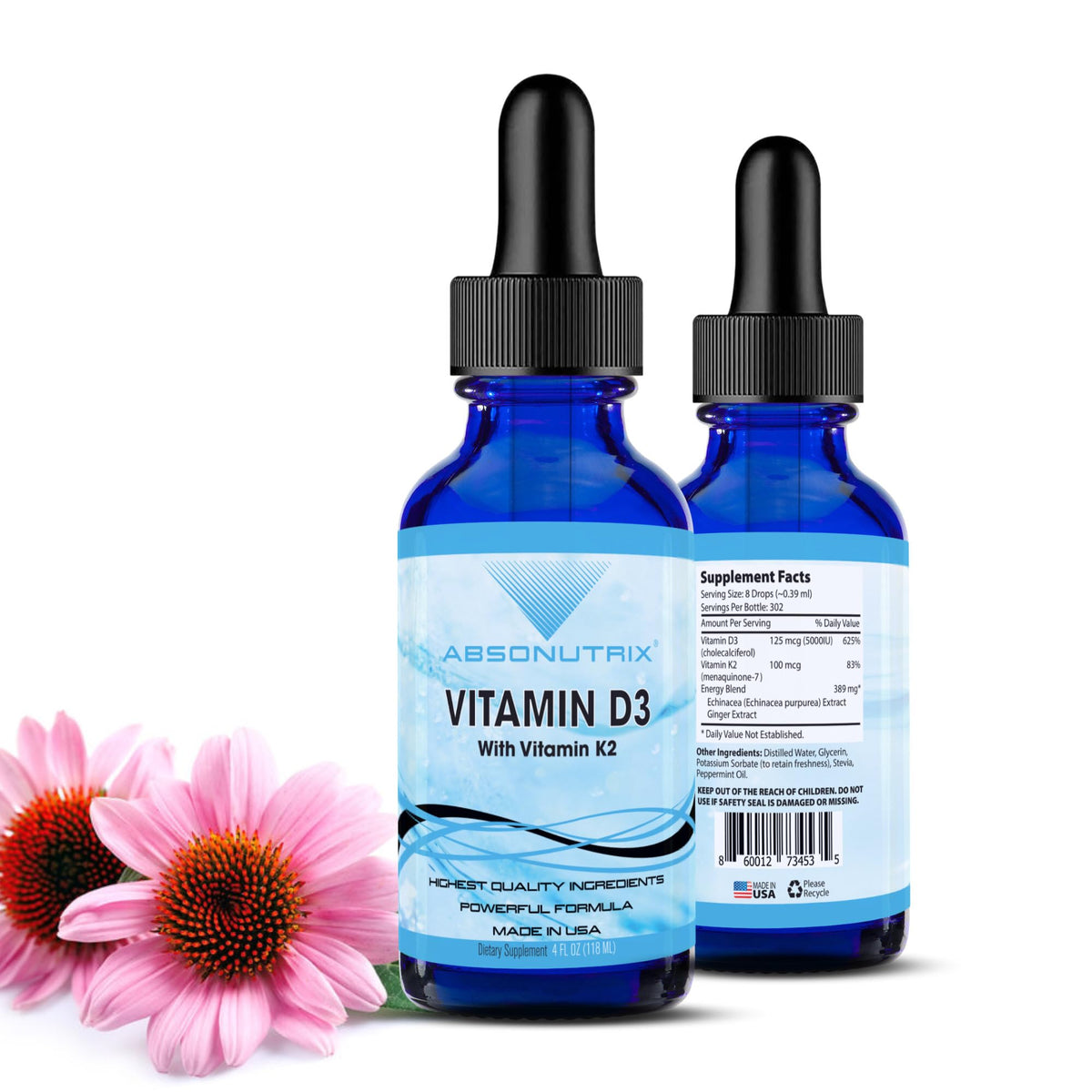 Absonutrix Vitamin D3 with K2 Supplement 60 Capsules front view