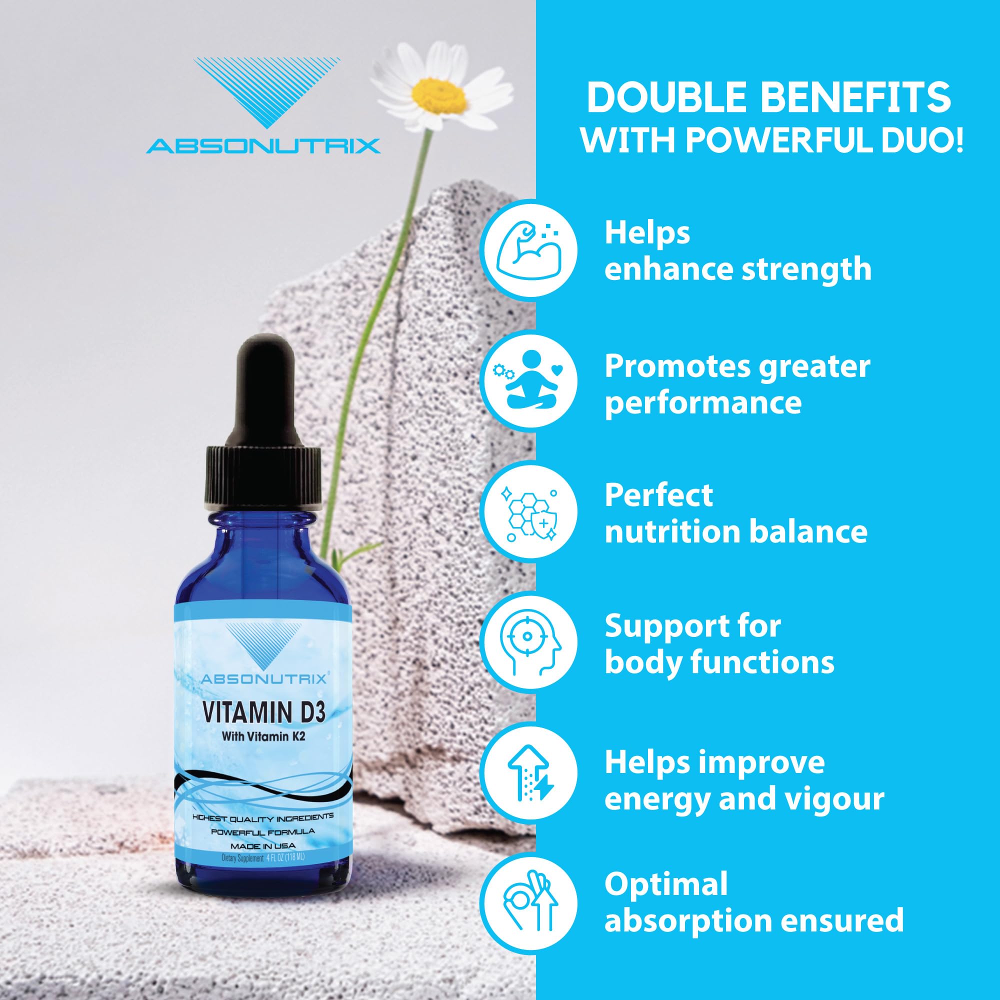 Absonutrix Vitamin D3 with K2 Supplement bottle with cap