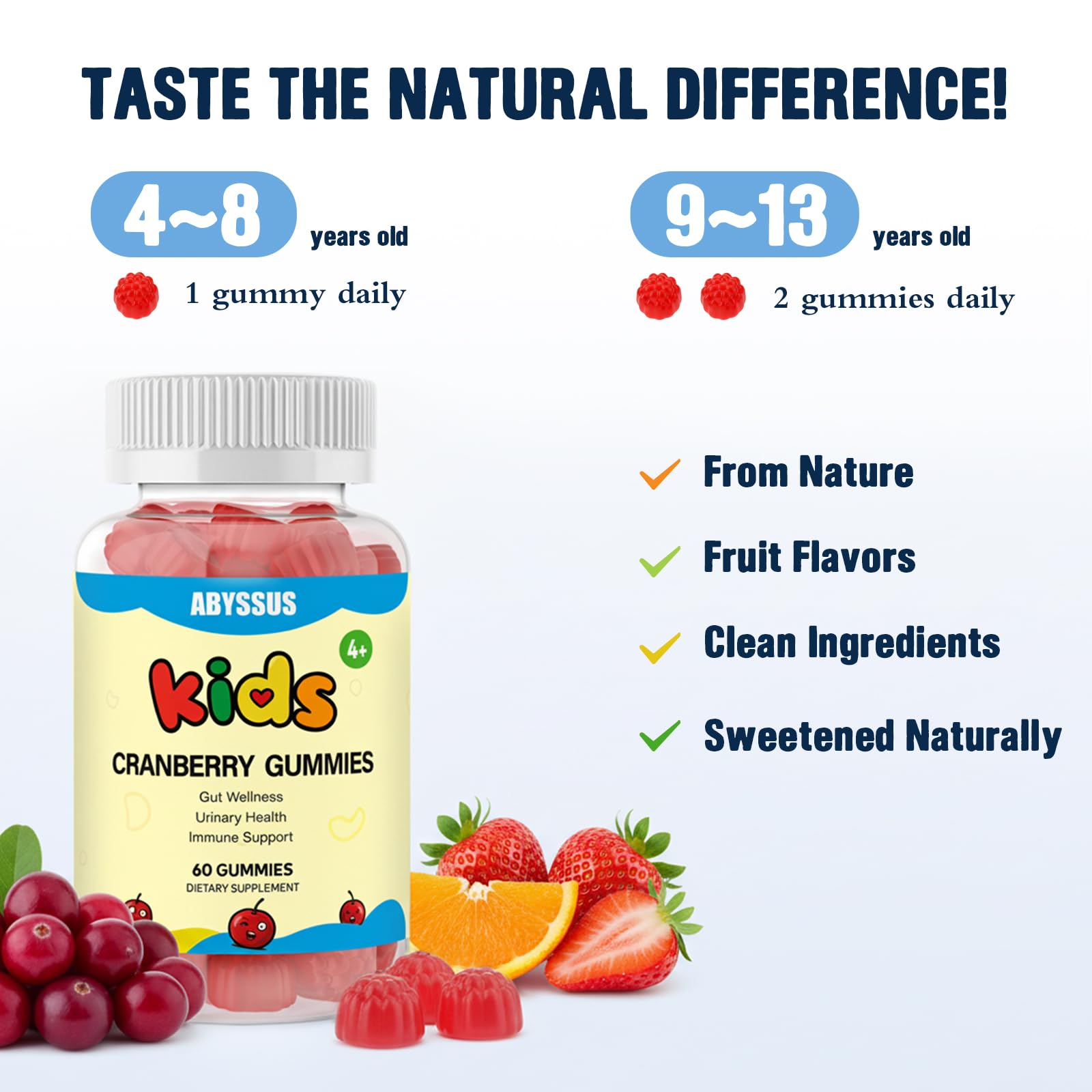 ABYSSUS Kids Cranberry Gummies bottle with fruit background