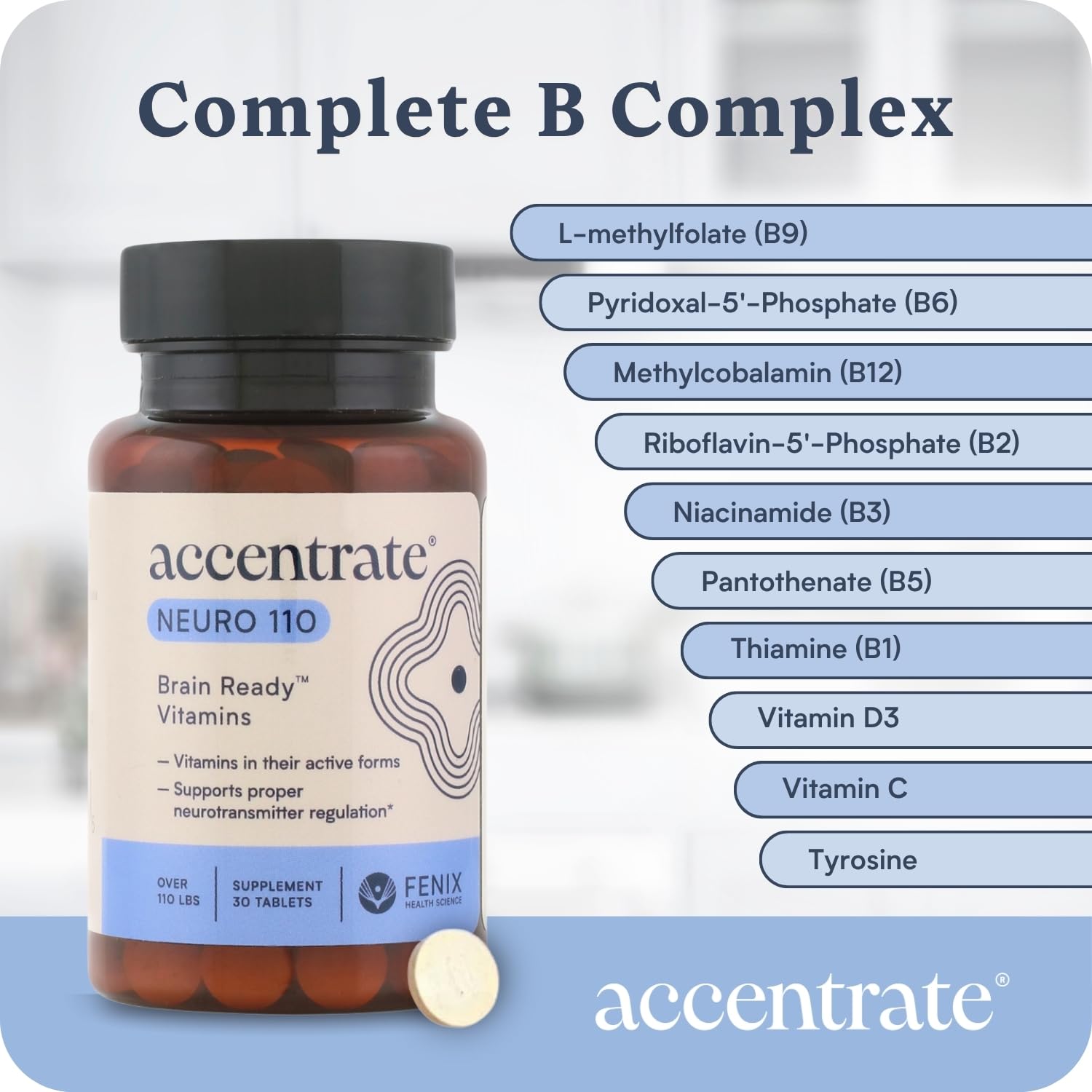 Accentrate B-Complex Vitamin Supplement 60 Capsules on a wooden table