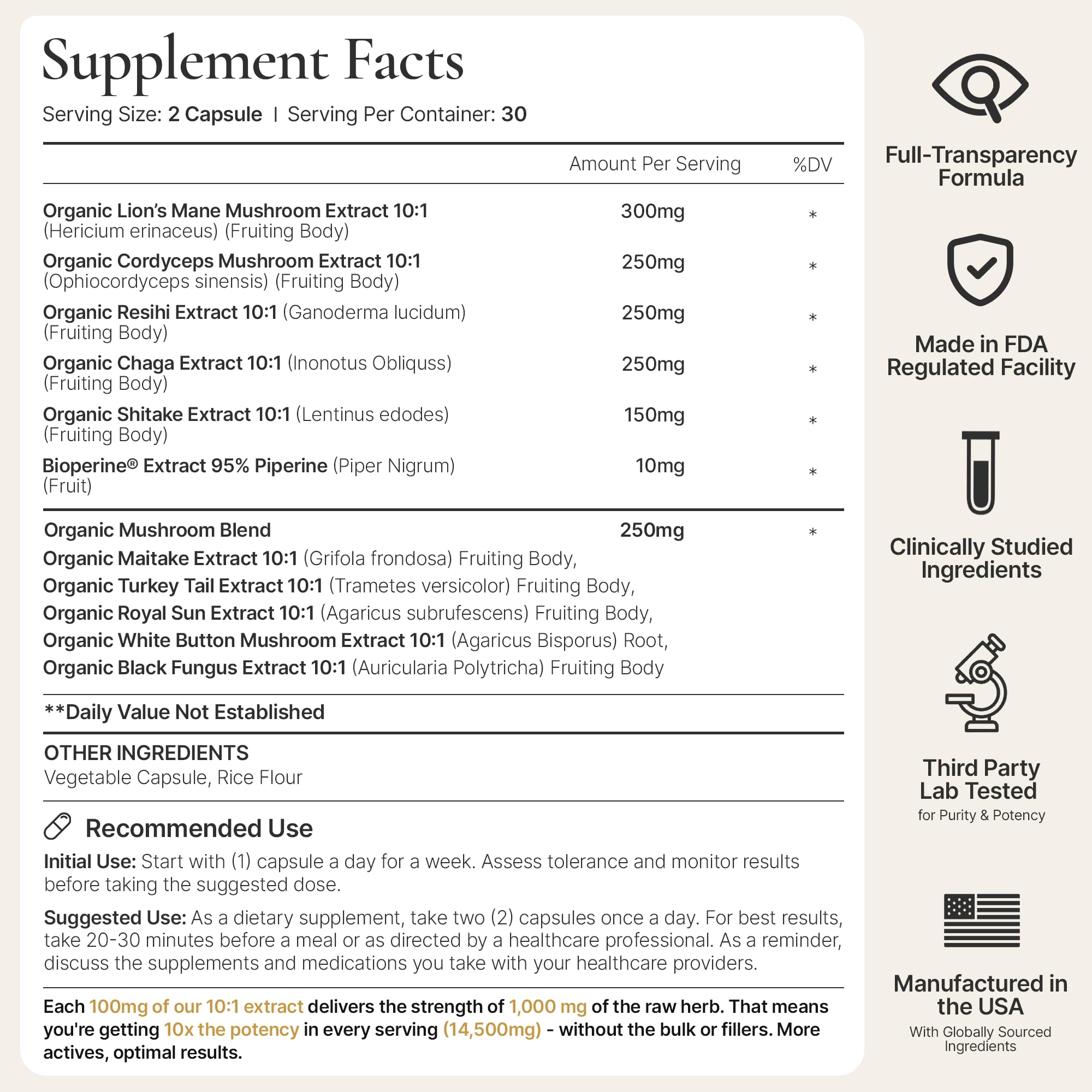 ACEWORKZ NeuroRoot 10-Mushroom Blend Supplement bottle back view