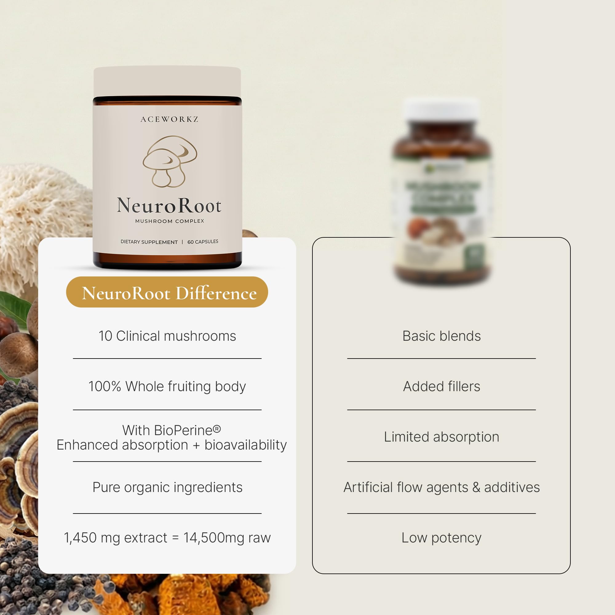 ACEWORKZ NeuroRoot 10-Mushroom Blend Supplement packaging
