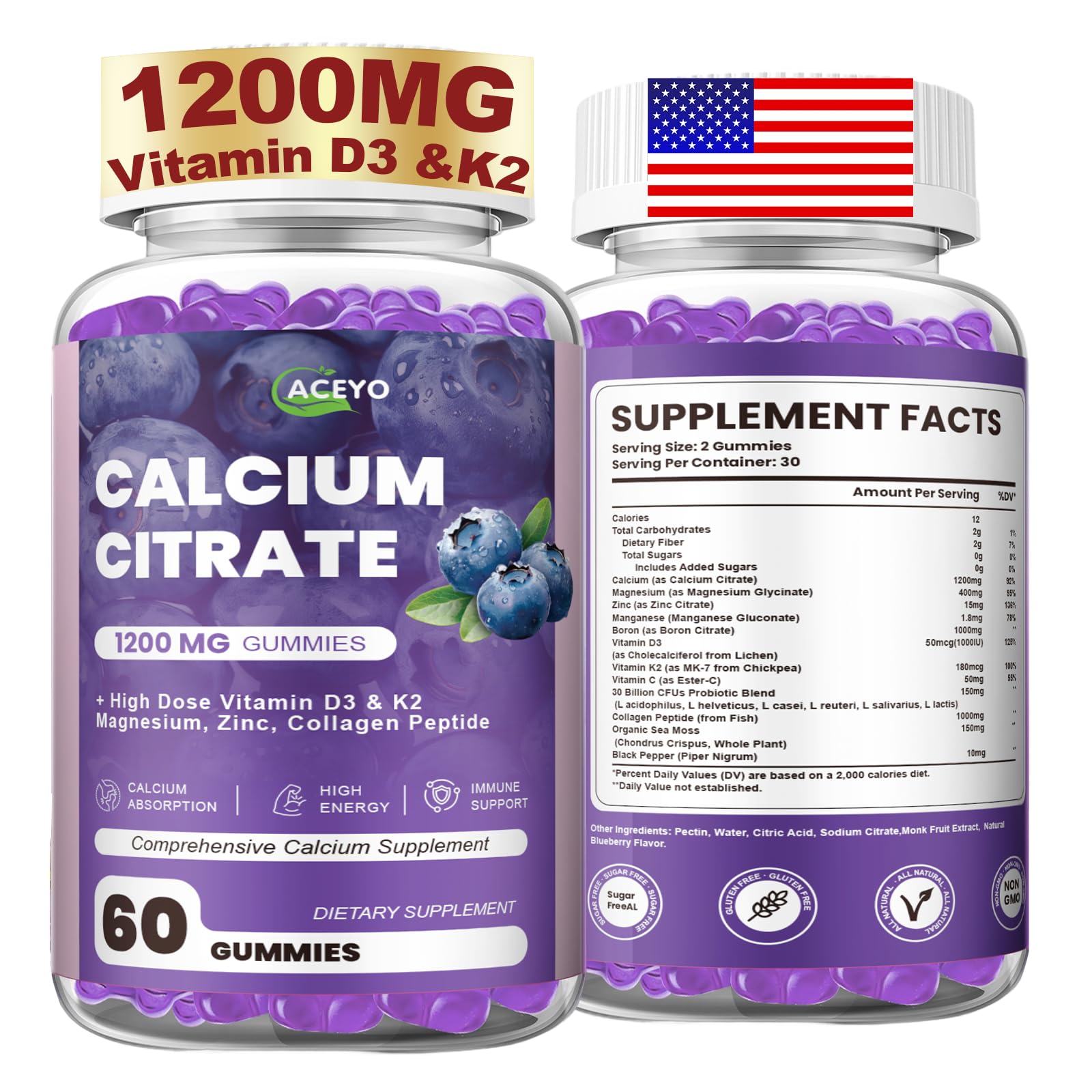 ACEYO Calcium Citrate Gummies front view with packaging