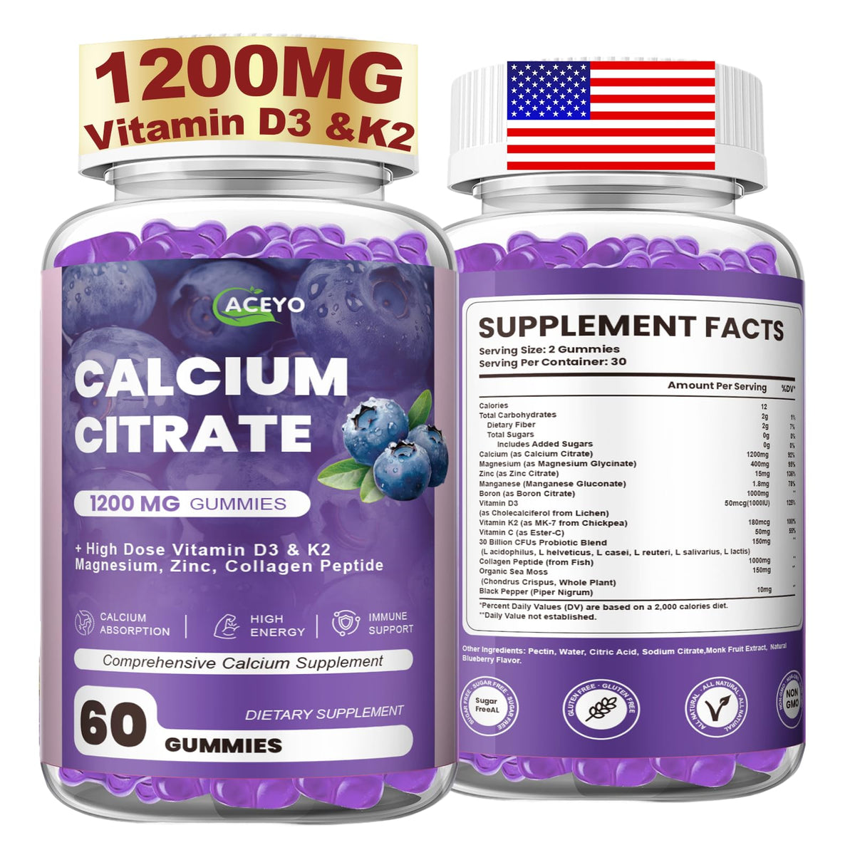 ACEYO Calcium Citrate Gummies front view with packaging