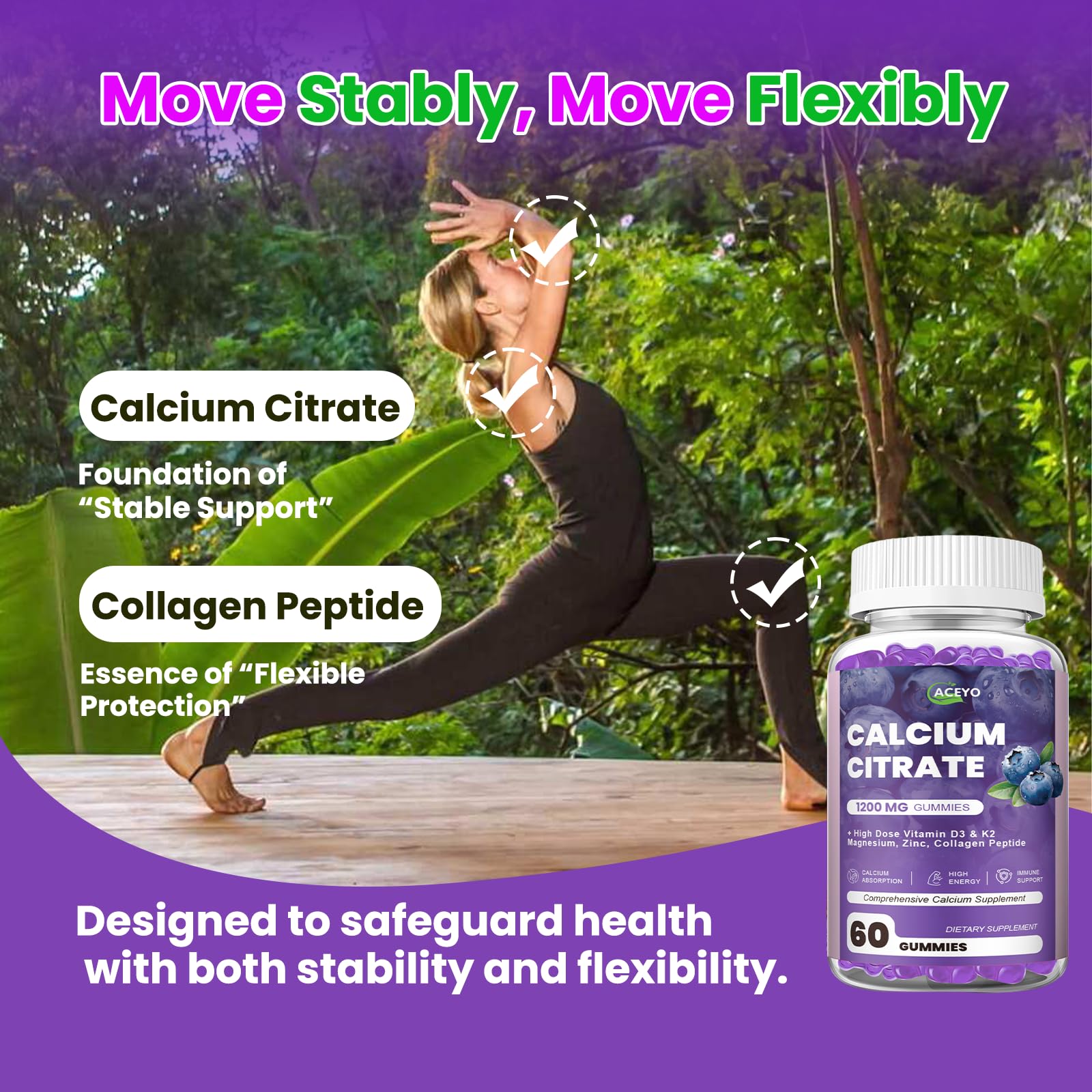 ACEYO Calcium Citrate Gummies side view with nutritional information