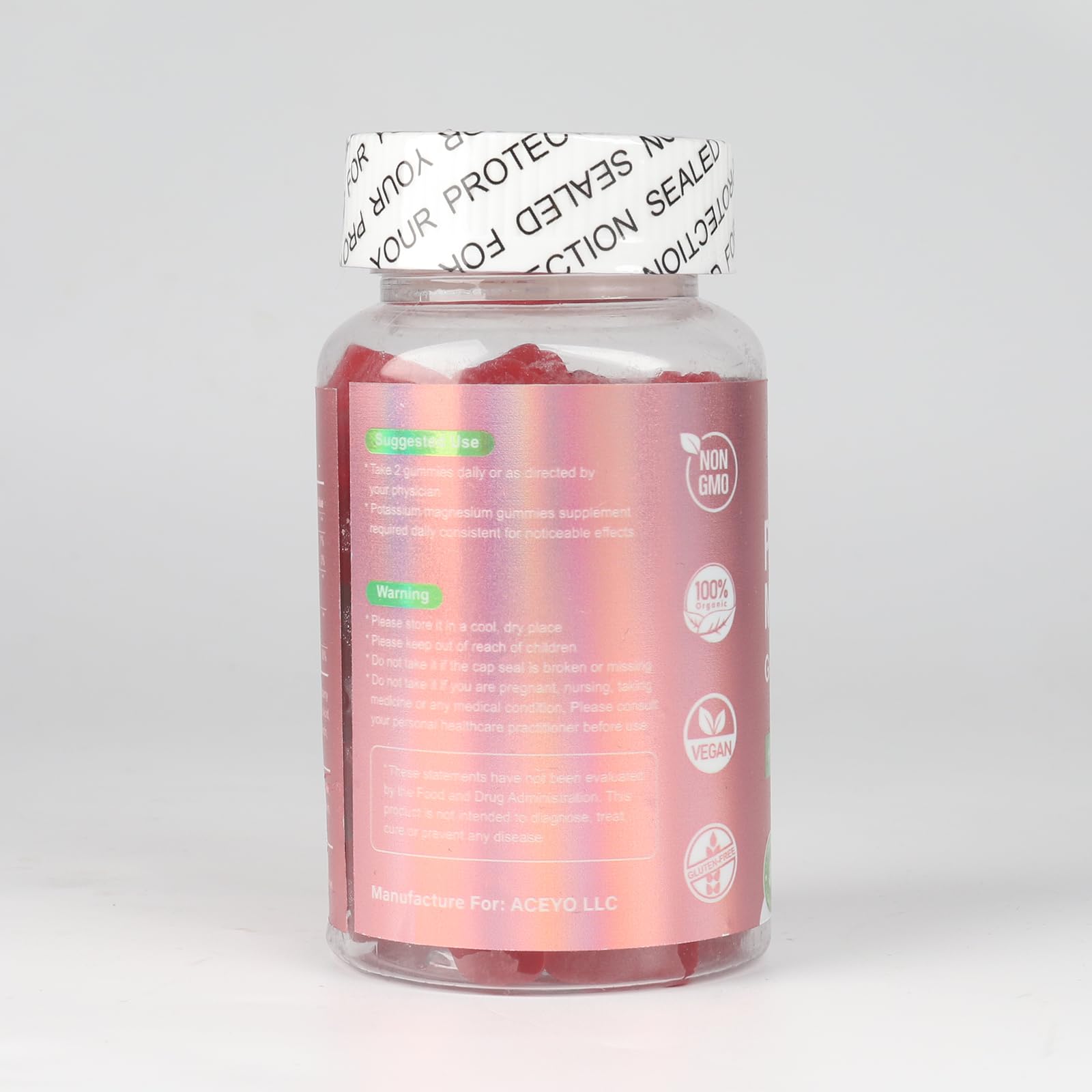 ACEYO Organic Potassium Magnesium Gummies with two gummies displayed