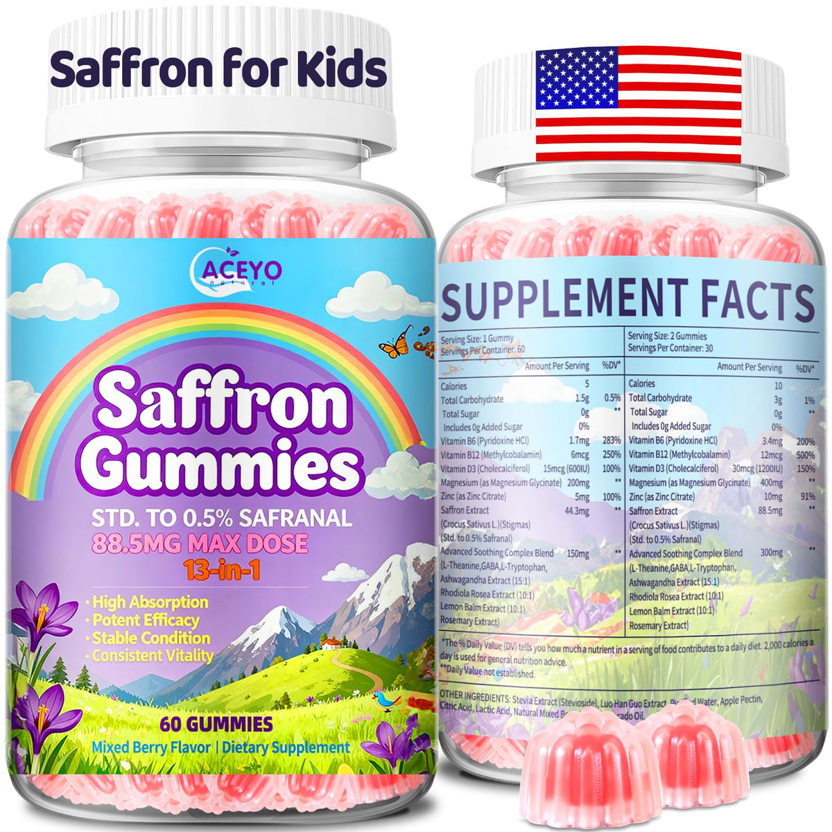 ACEYO Saffron Gummies bottle front view with 60 gummies
