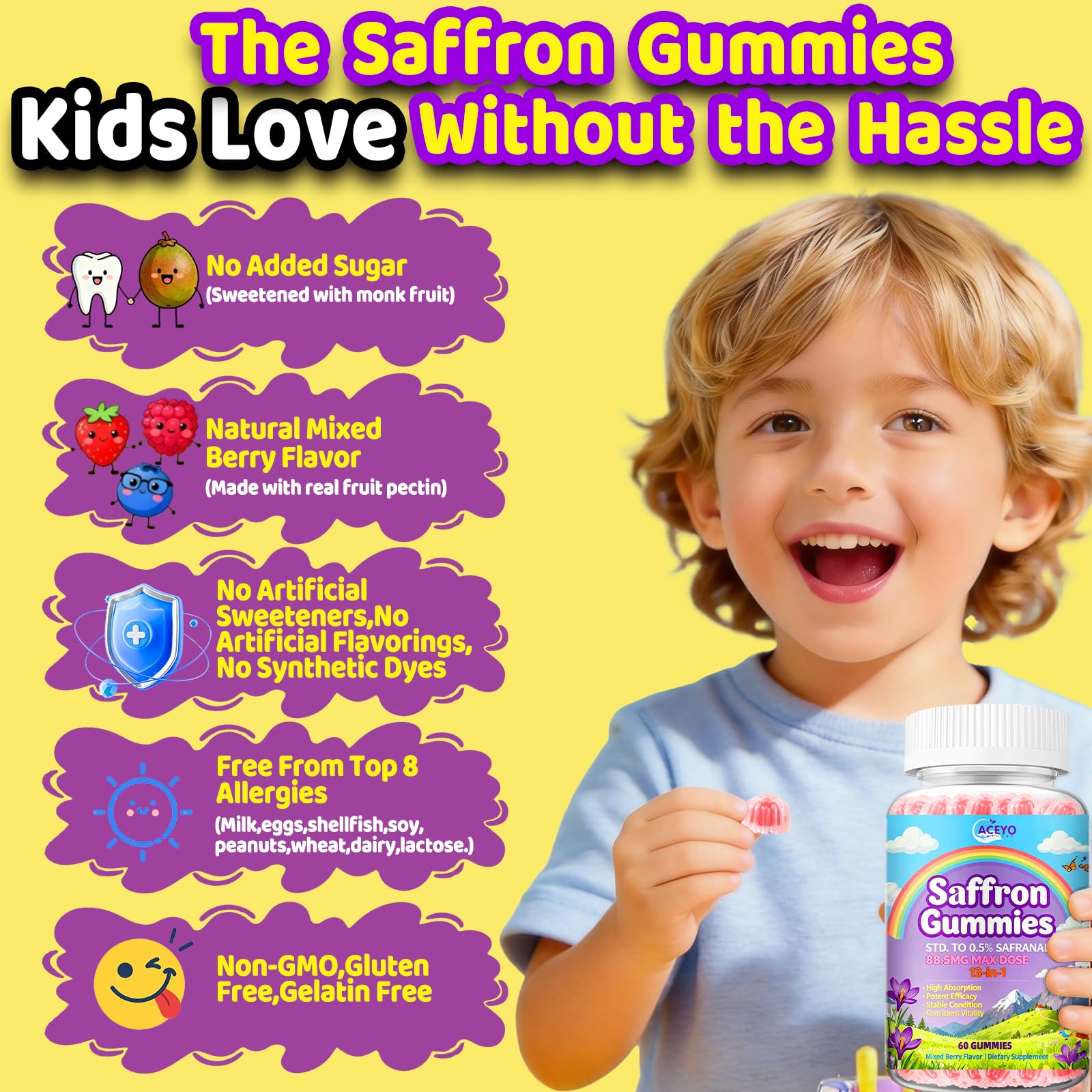 ACEYO Saffron Gummies displayed with fresh saffron strands