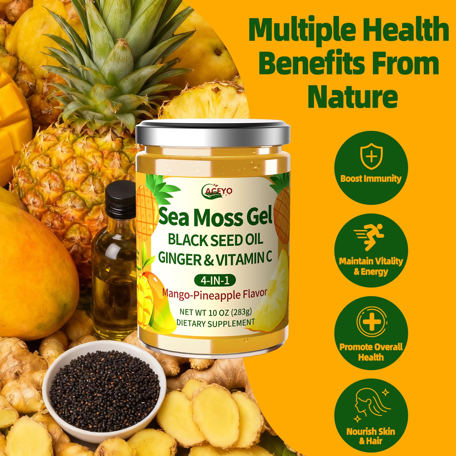 ACEYO Sea Moss Gel displayed with a smoothie and fruits