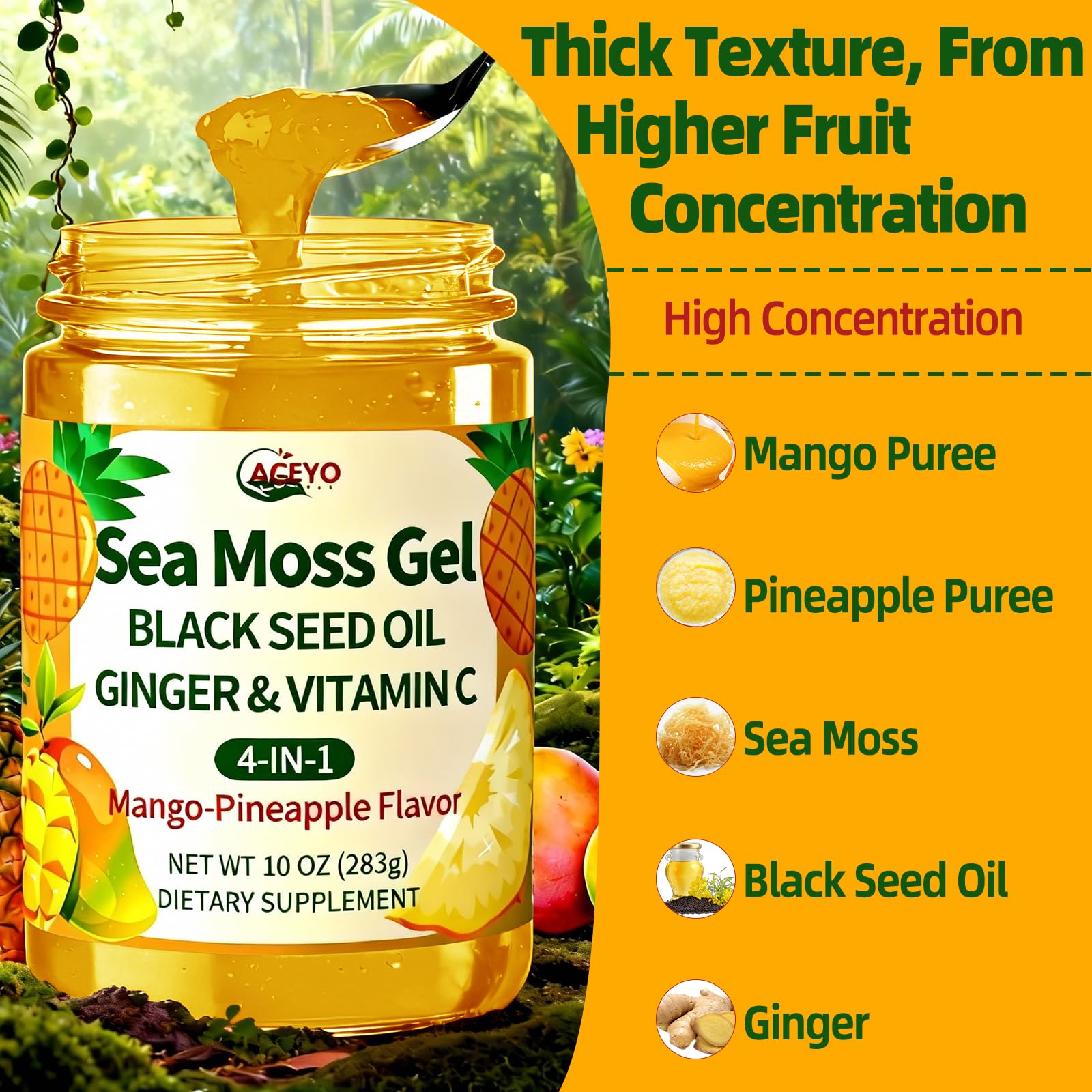 ACEYO Sea Moss Gel in a bowl with fresh mango and pineapple