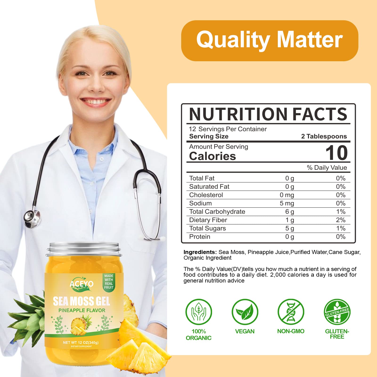 ACEYO Sea Moss Gel Pineapple flavour ingredients close-up