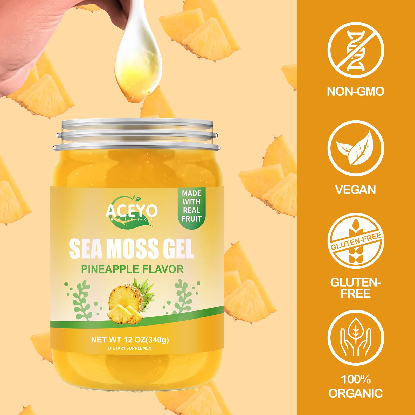 ACEYO Sea Moss Gel Pineapple flavour on a spoon