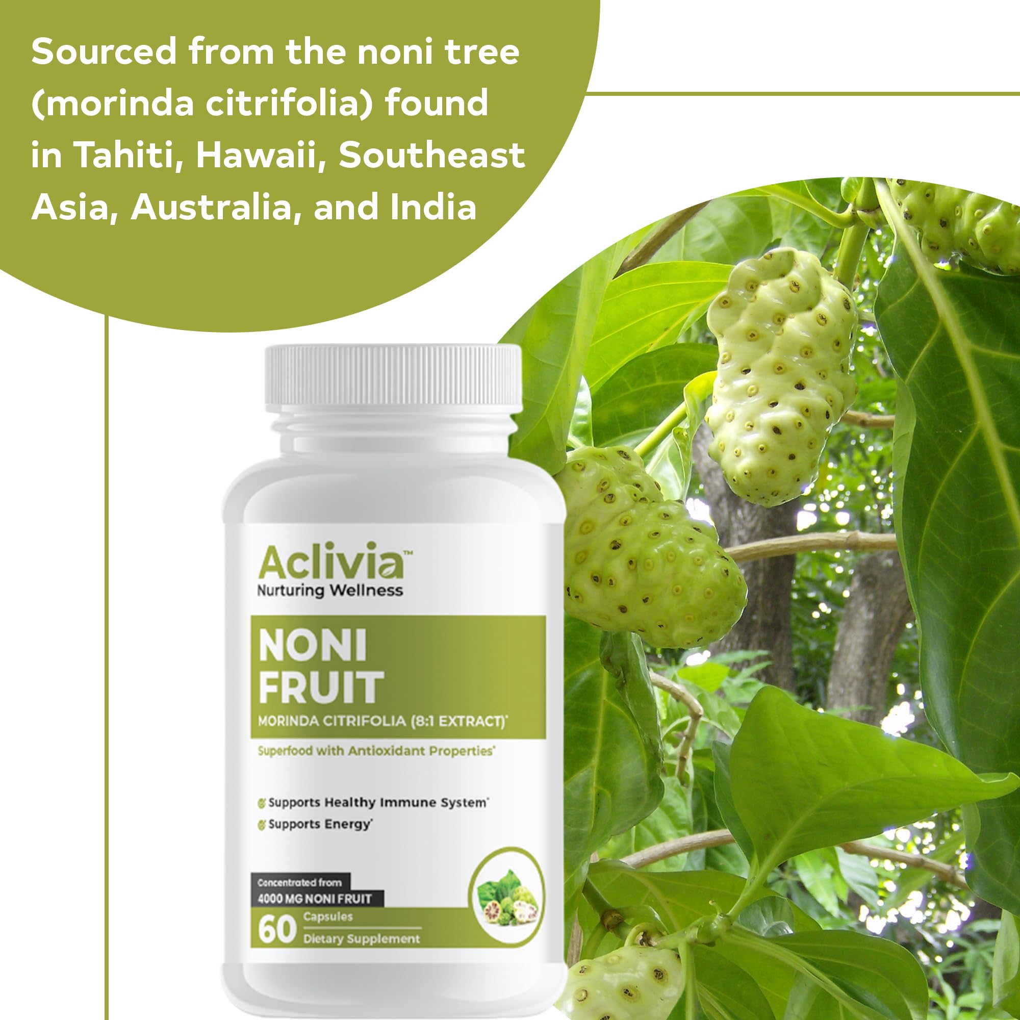 Aclivia Noni Capsules 4000mg on a wooden table