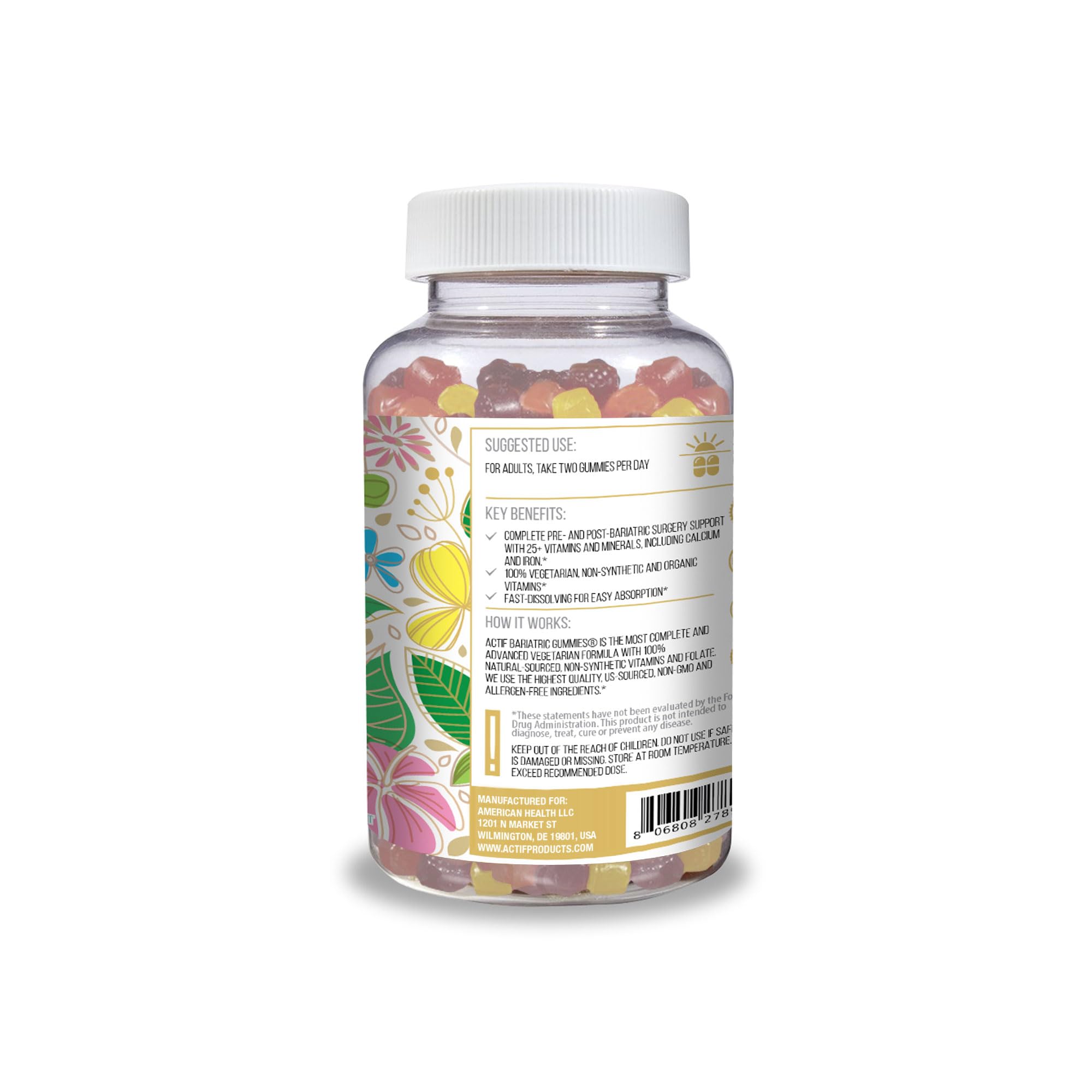 ACTIF Bariatric Multivitamin Gummies displayed with a few gummies on a wooden surface