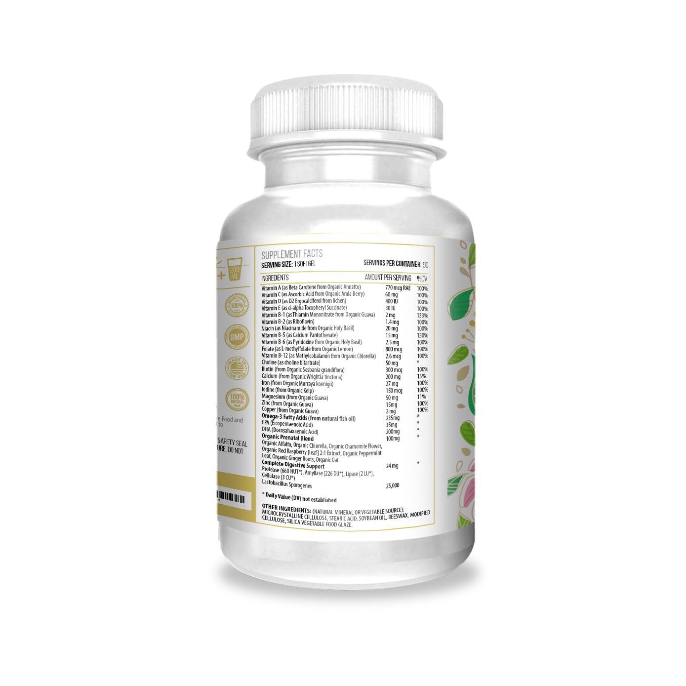 ACTIF Organic Prenatal Vitamins back view with ingredient list