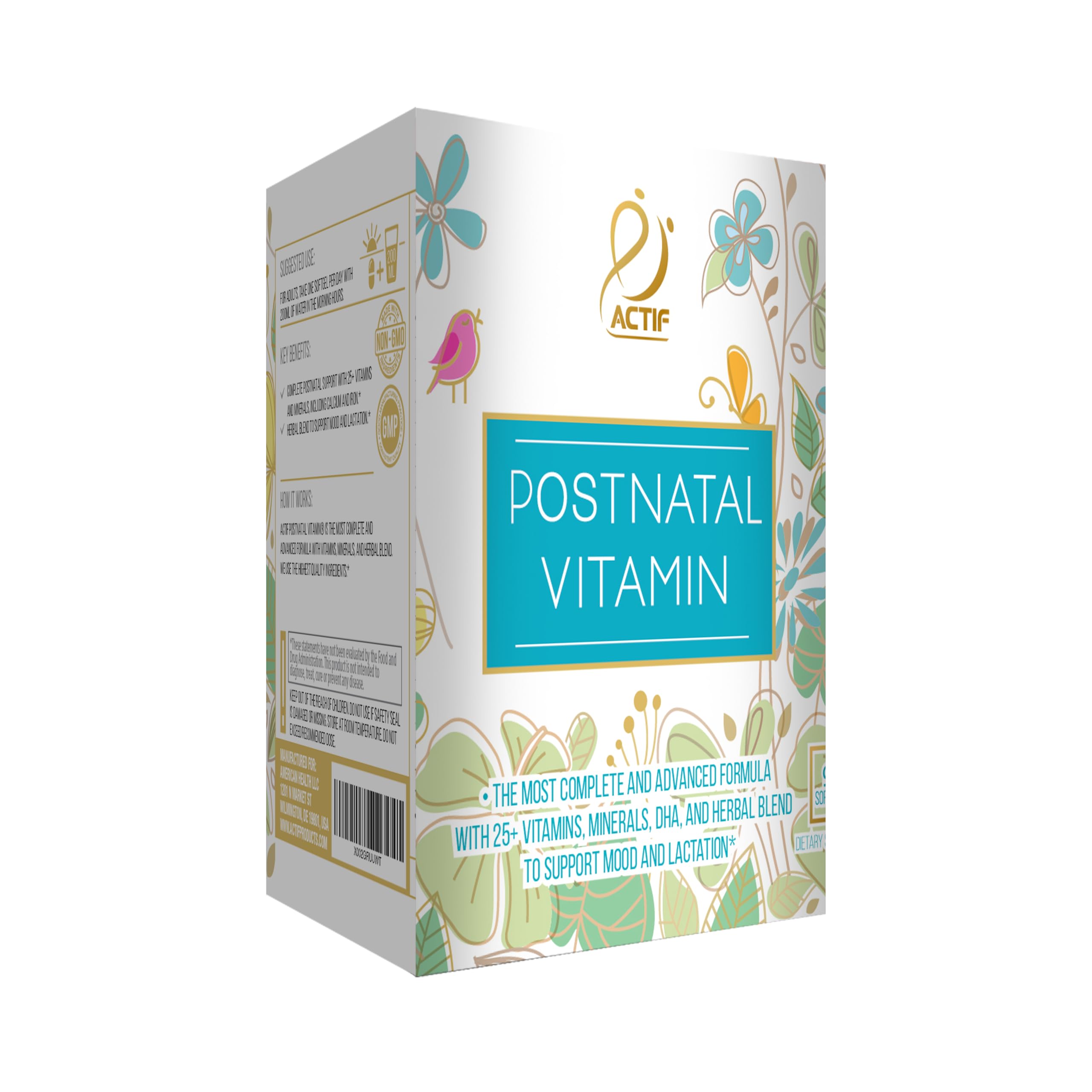 ACTIF Postnatal Vitamins packaging with ingredient list