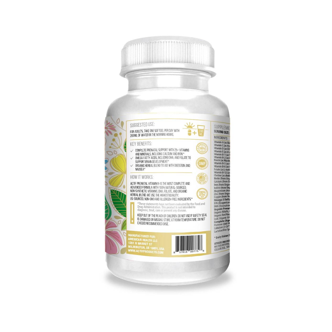 ACTIF Prenatal Multivitamin capsules showing 24-hour extended release coating
