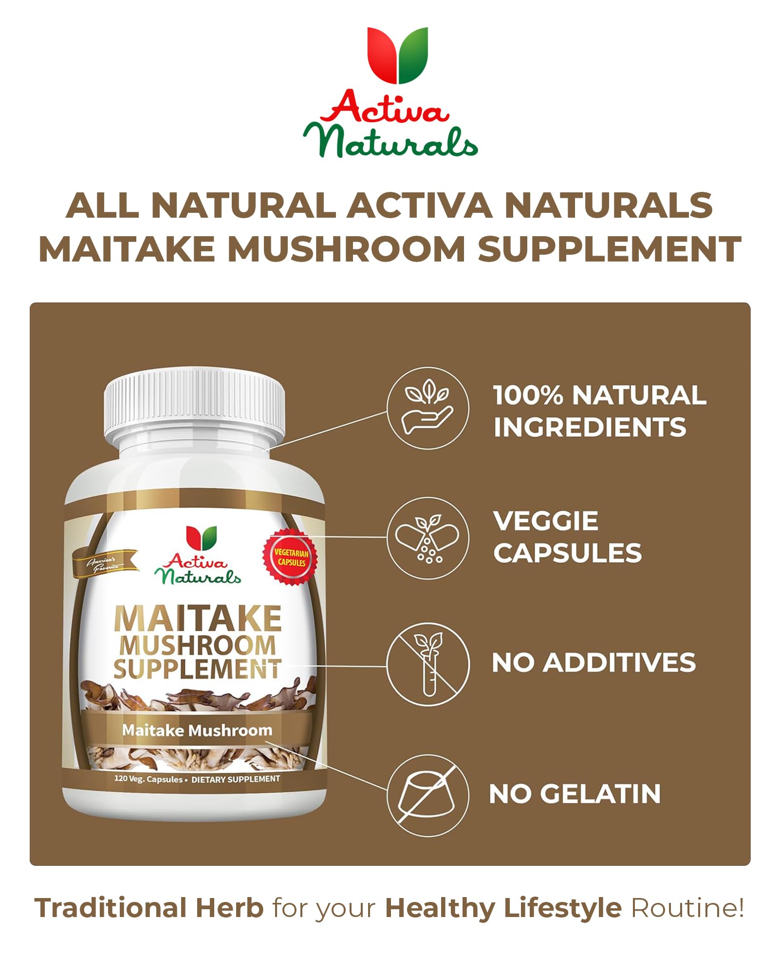 Activa Naturals Maitake Mushroom Capsules displayed with a plant background