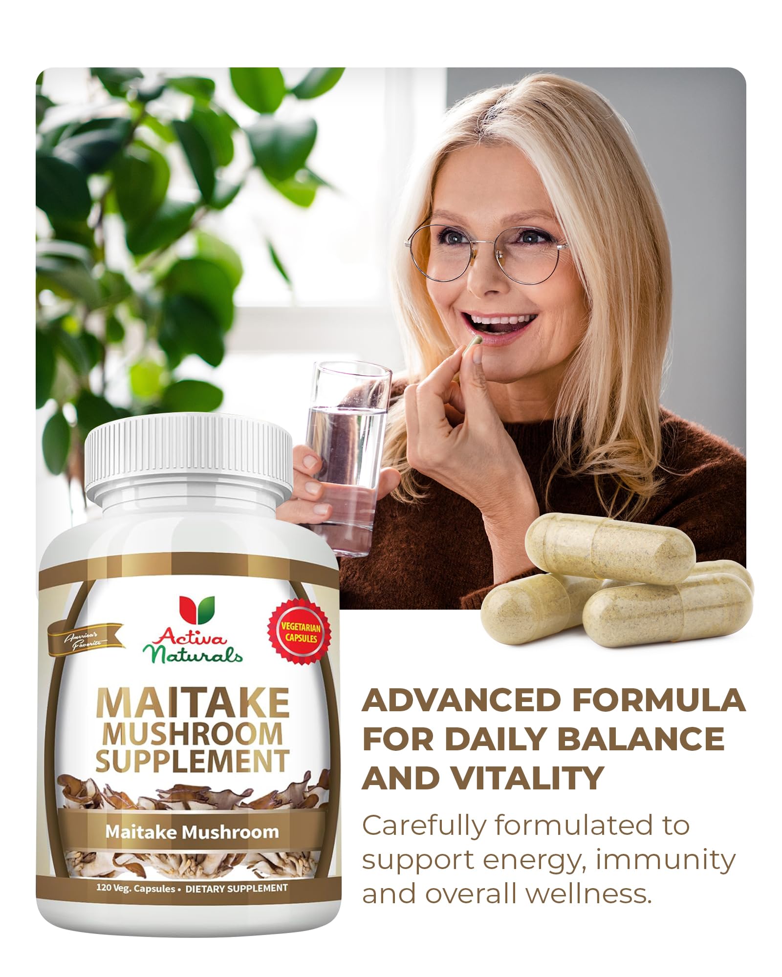 Activa Naturals Maitake Mushroom Capsules on a kitchen counter