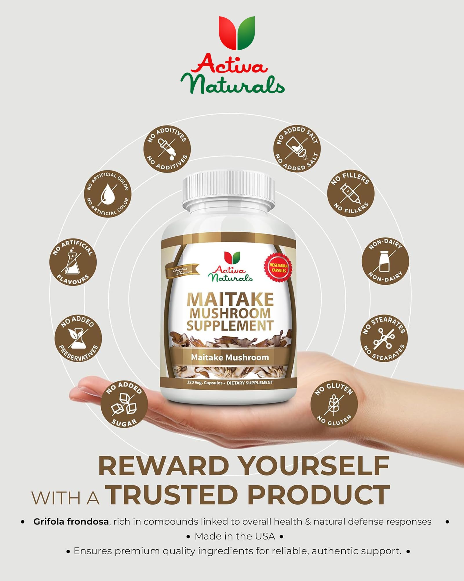 Activa Naturals Maitake Mushroom Capsules showing the vegetarian capsule
