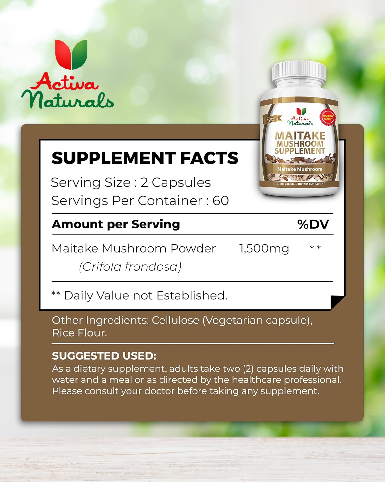 Activa Naturals Maitake Mushroom Capsules with two capsules on a wooden surface