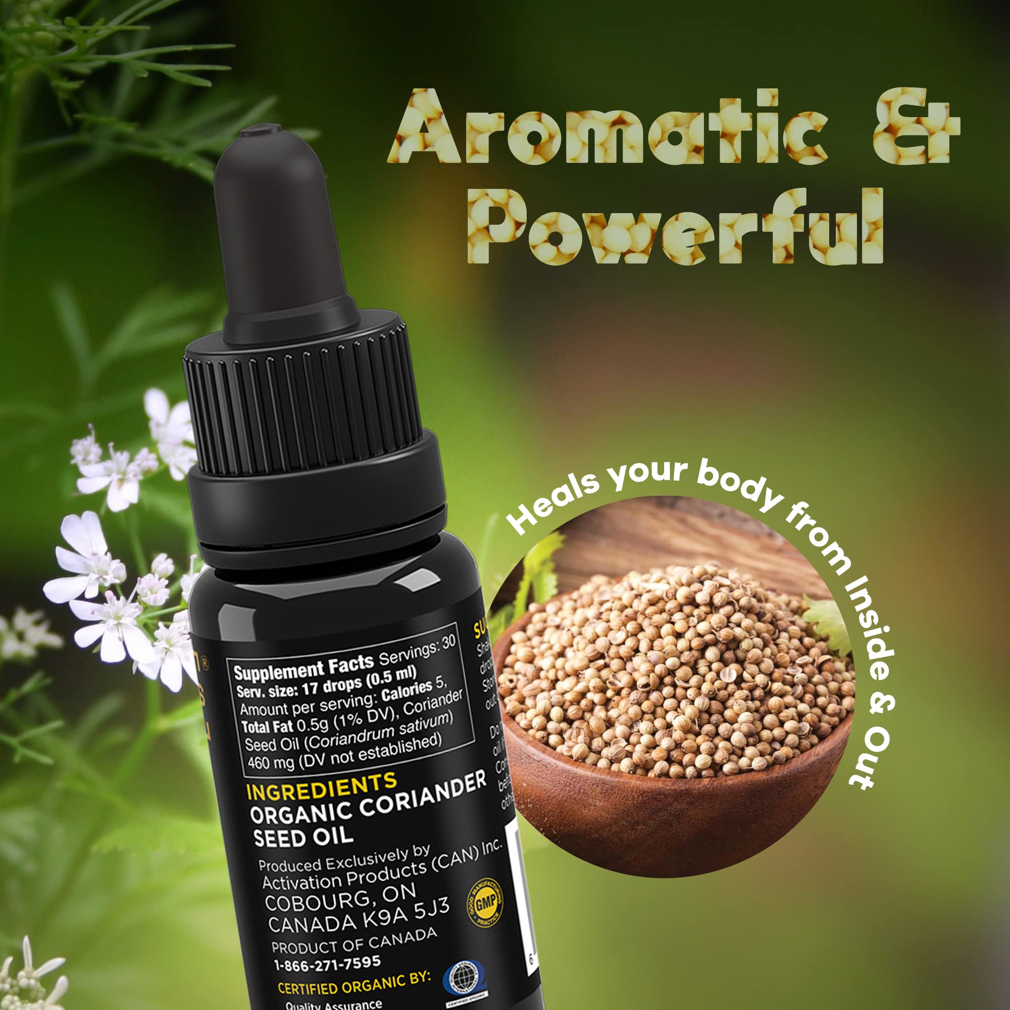 ACTIVATION Coriander Seed Oil 82g displayed with salad