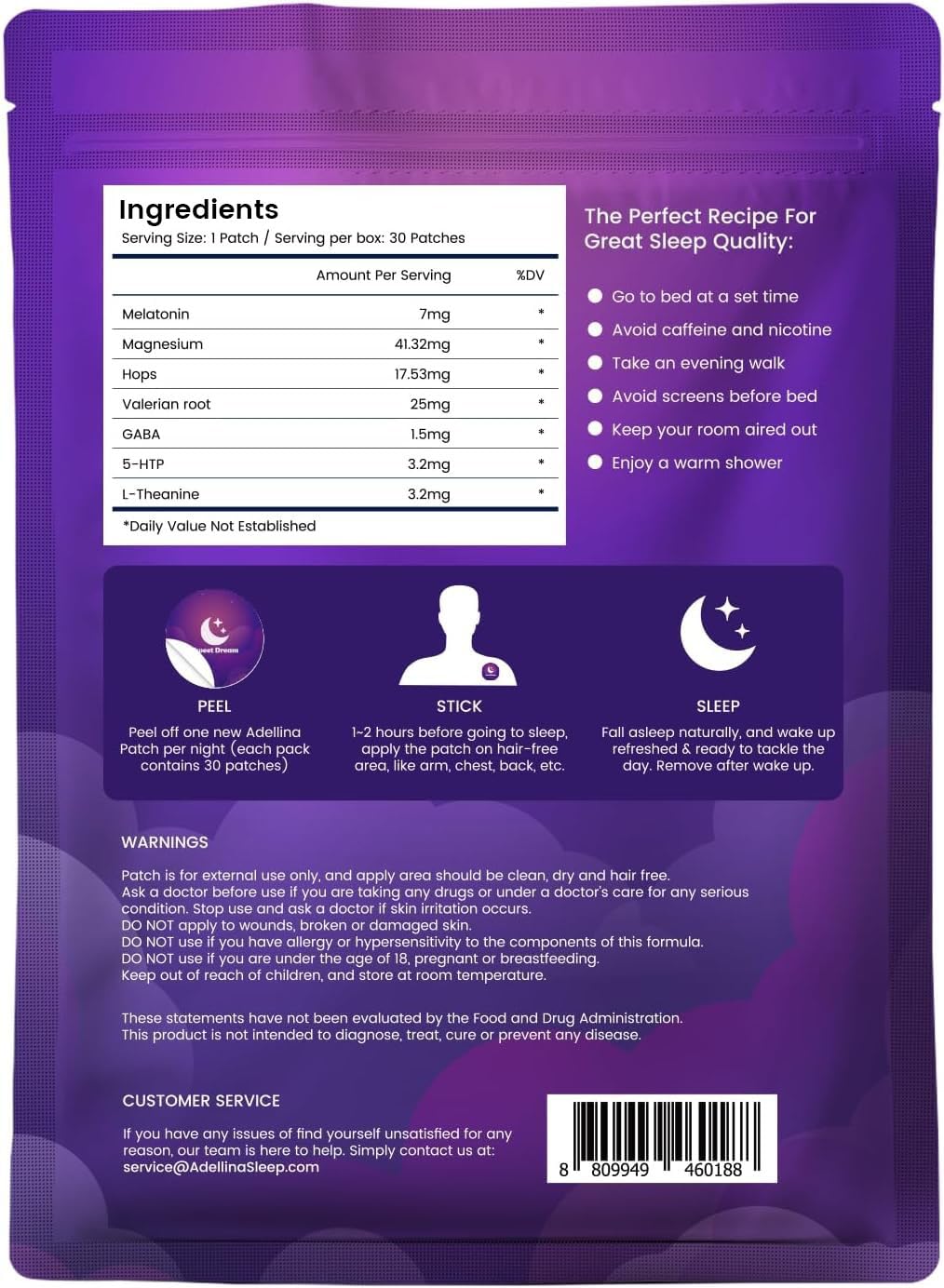 Adellina Sleep Patches back view with usage details