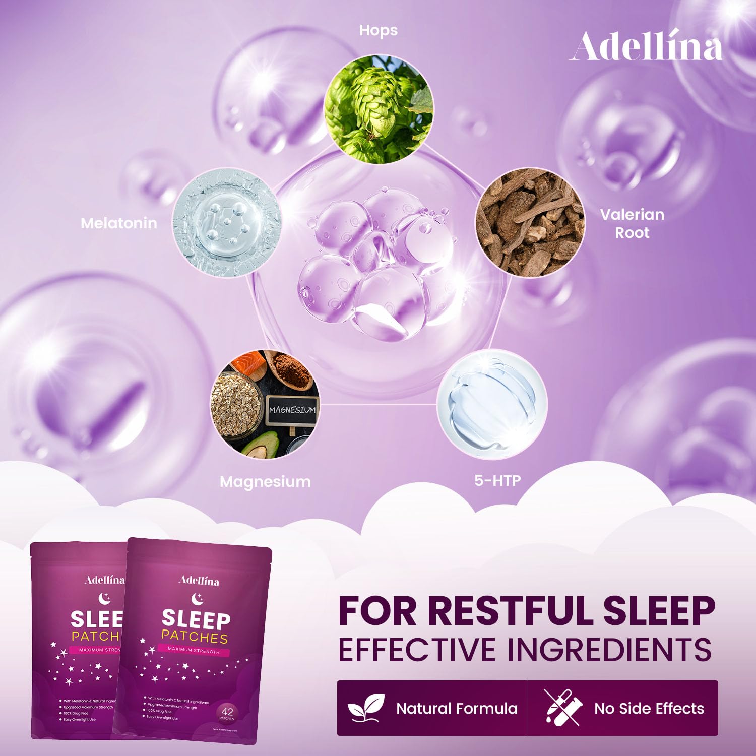 Adellina Sleep Patches displayed on a bedside table