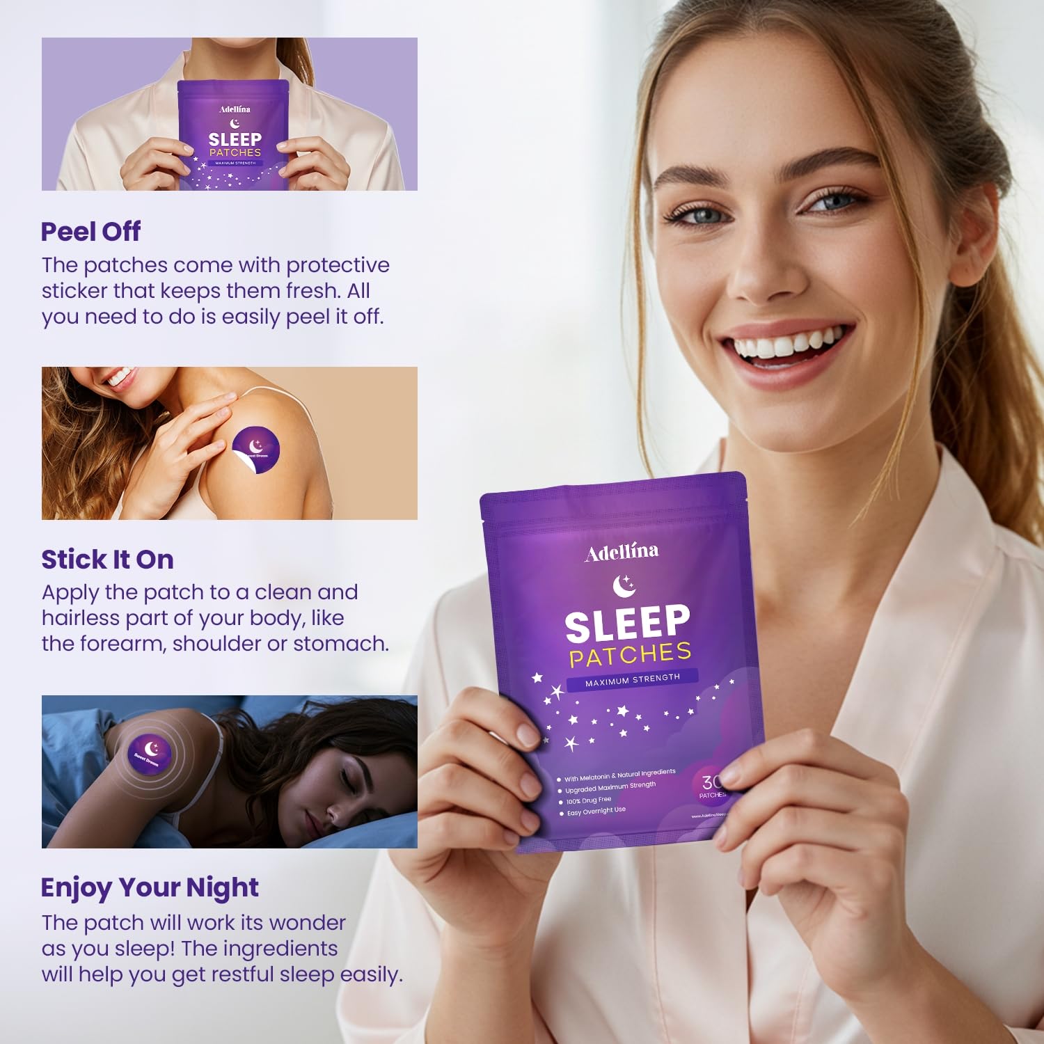 Adellina Sleep Patches lifestyle scene on bedside table