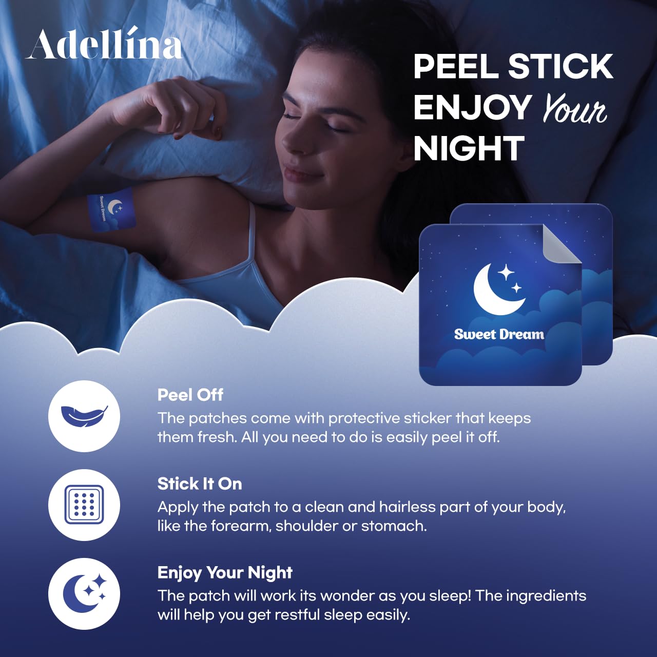 Adellina Sleep Supplement Patches back view with application instructions