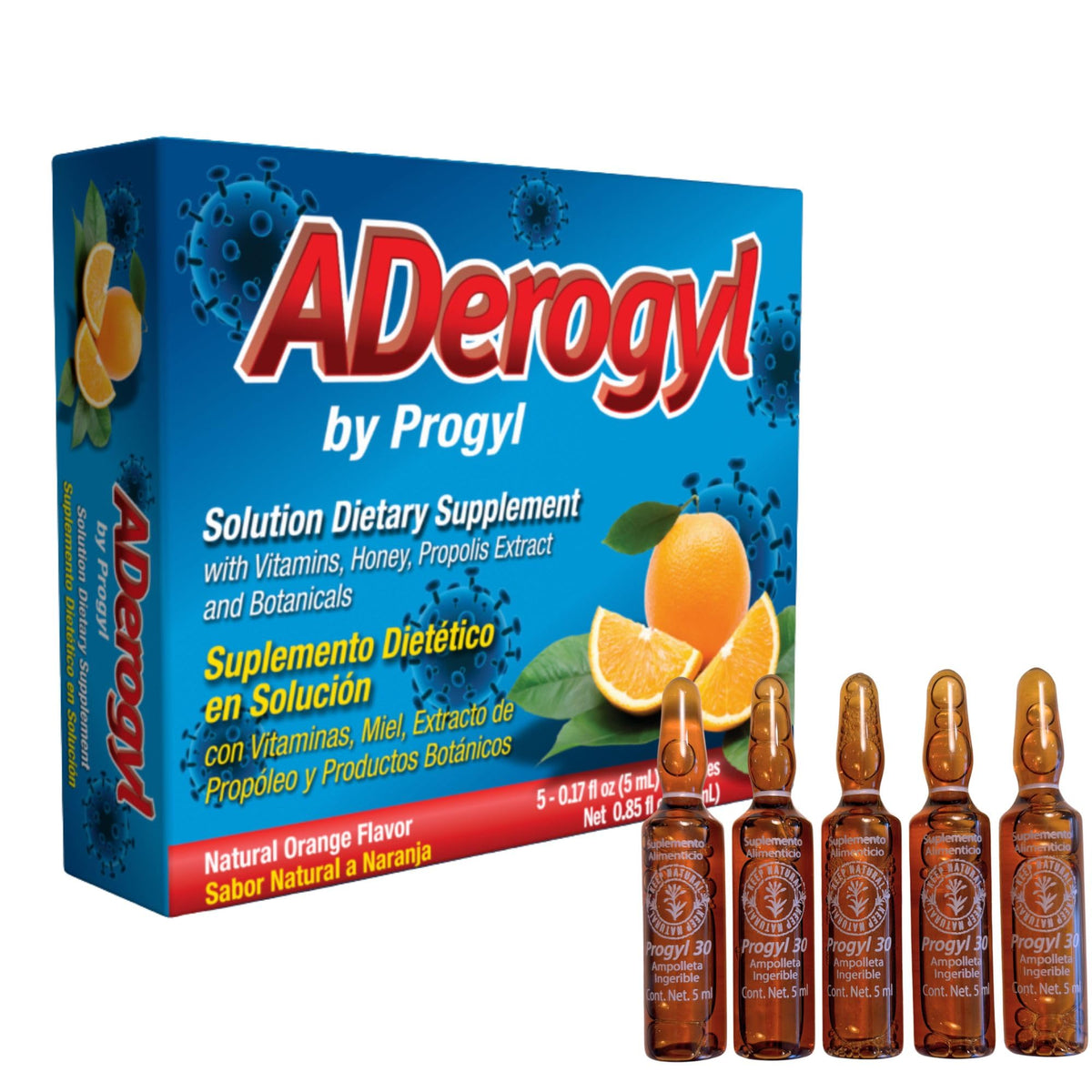 Aderogyl Liquid Multivitamin 5 ampoules packaging front view