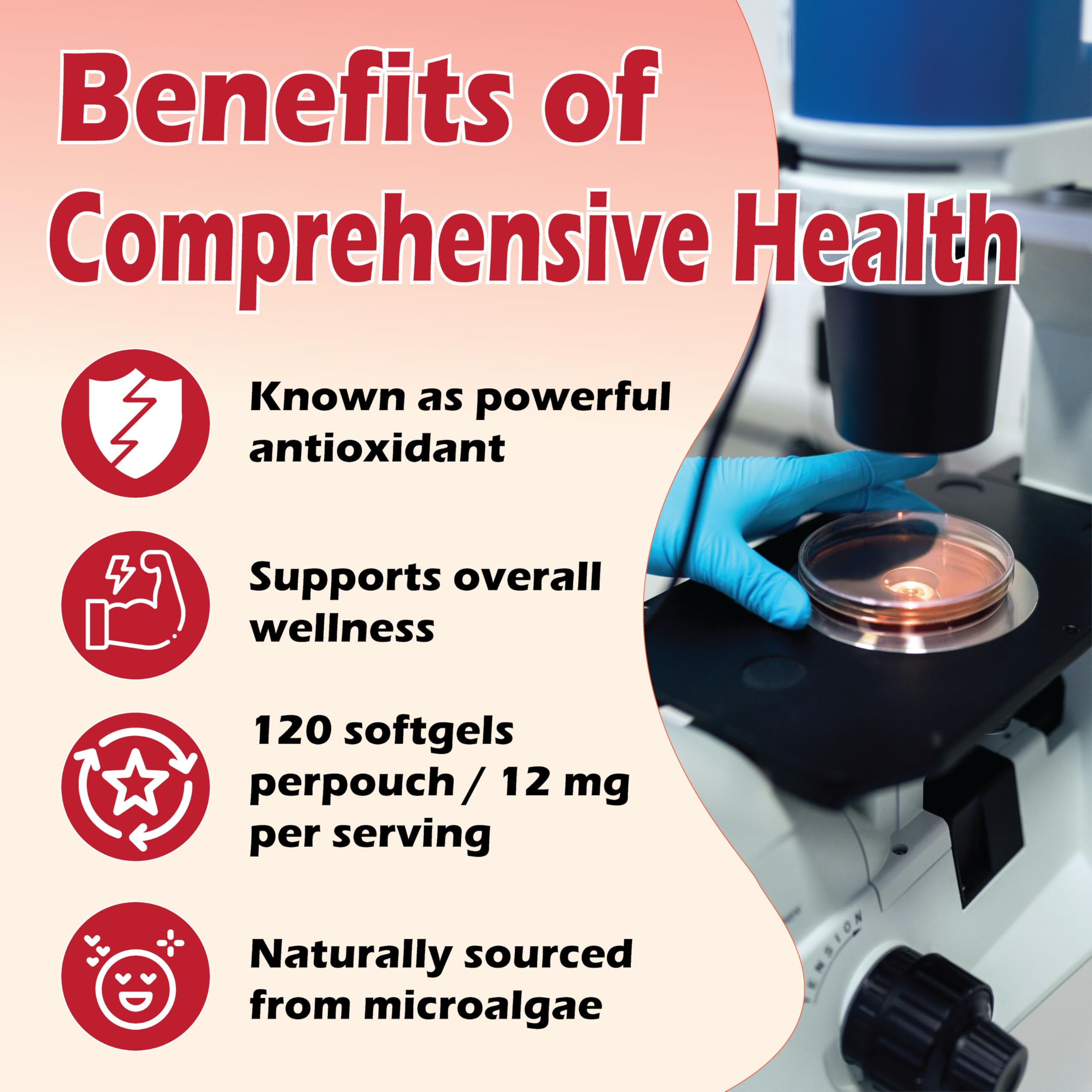 Adjustable Rovina Astaxanthin 12mg Softgels on a table