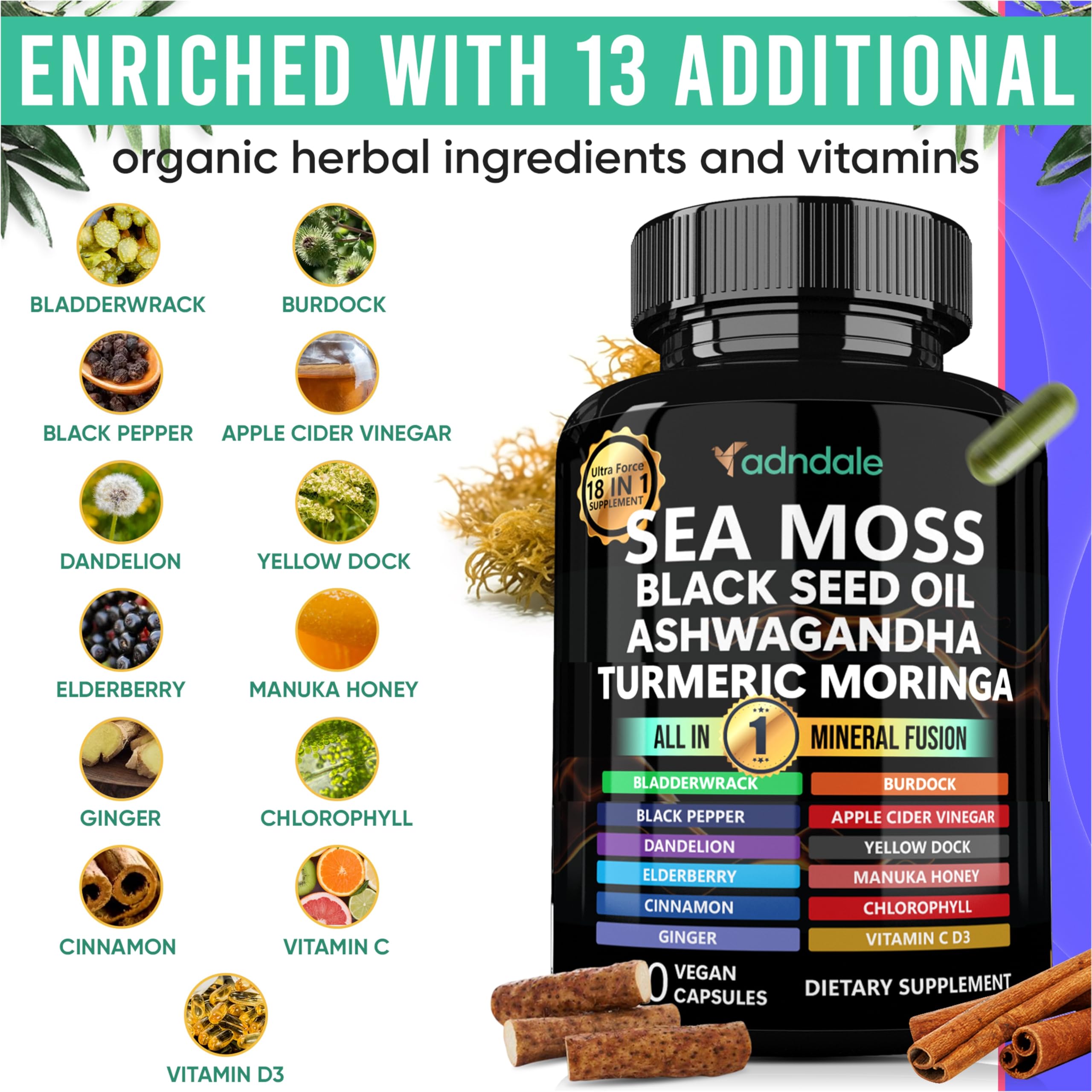 Adndale Sea Moss Capsules 18-in-1 Fusion ingredients list