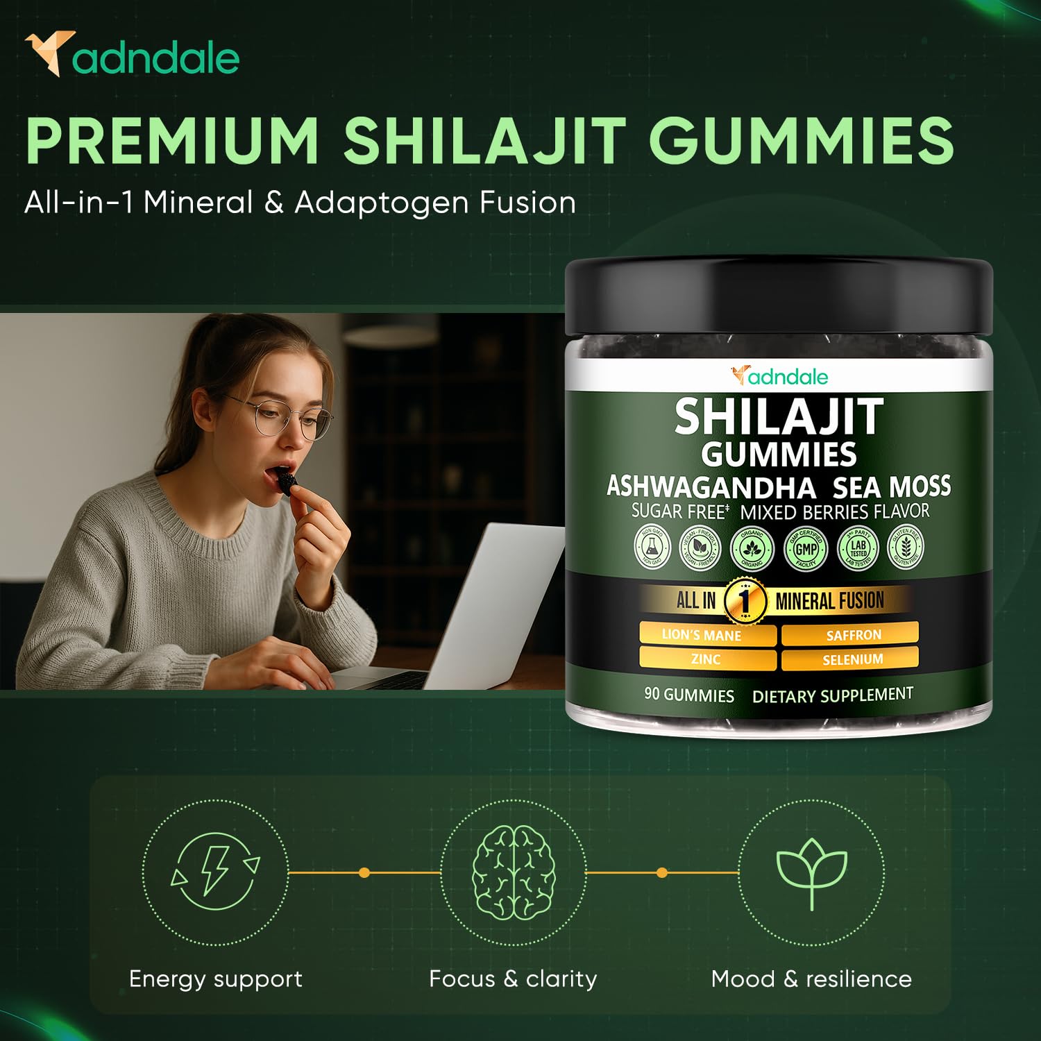 Adndale Shilajit Gummies side view showing ingredients